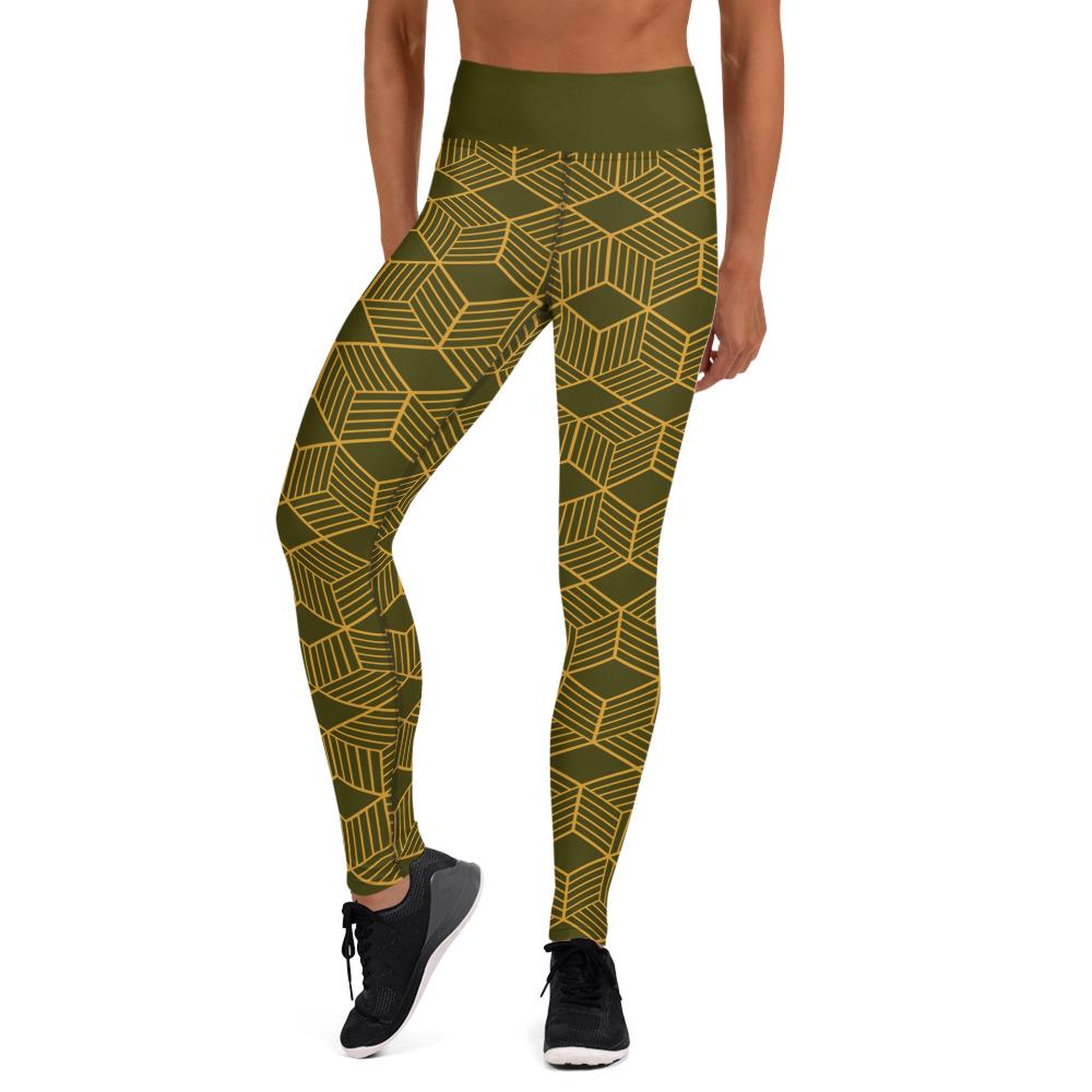 Yoga Leggings | Dark Olive Cubes Design | High-Performance Workout Pants for Comfort & Flexibility
