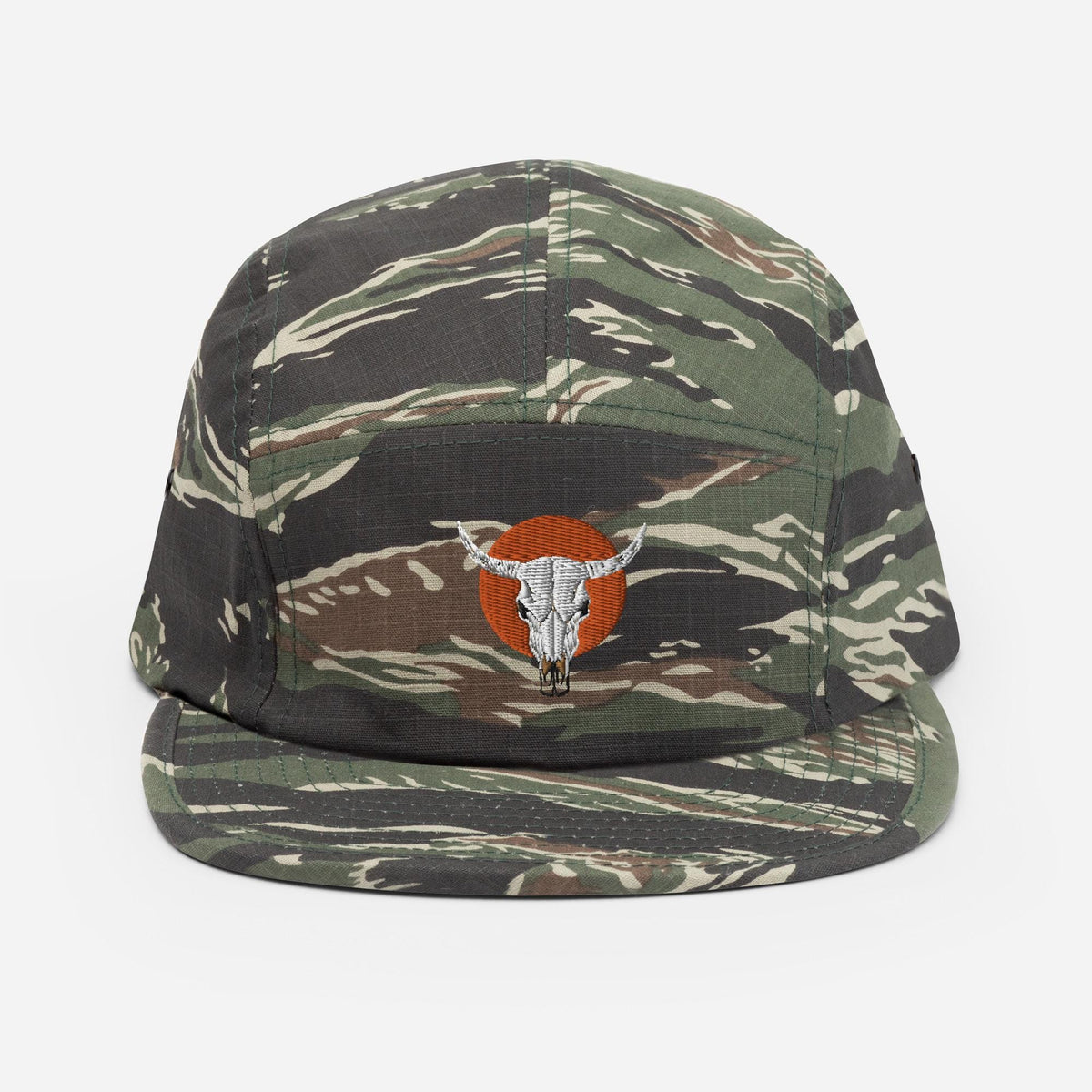 Cow Skull and Sun Five Panel Camp Hat | Embroidered Western Inspired Cap | Cow Skull Design Cap
