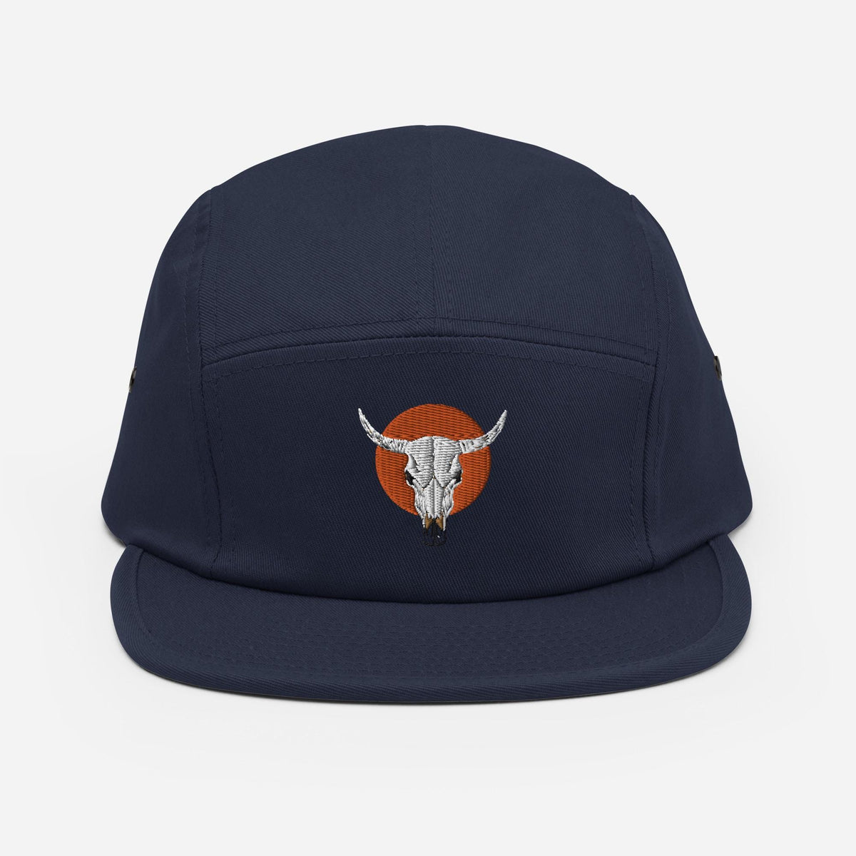 Cow Skull and Sun Five Panel Camp Hat | Embroidered Western Inspired Cap | Cow Skull Design Cap
