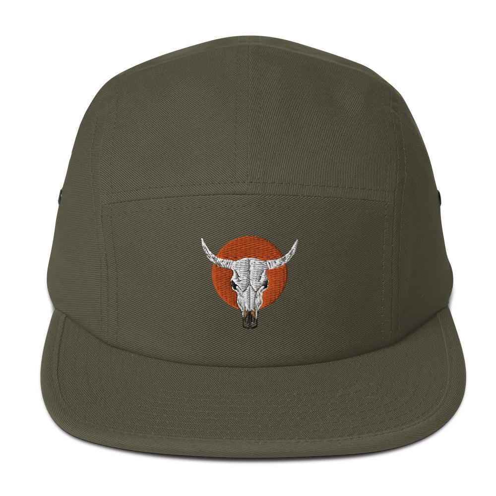 Cow Skull and Sun Five Panel Camp Hat | Embroidered Western Inspired Cap | Cow Skull Design Cap