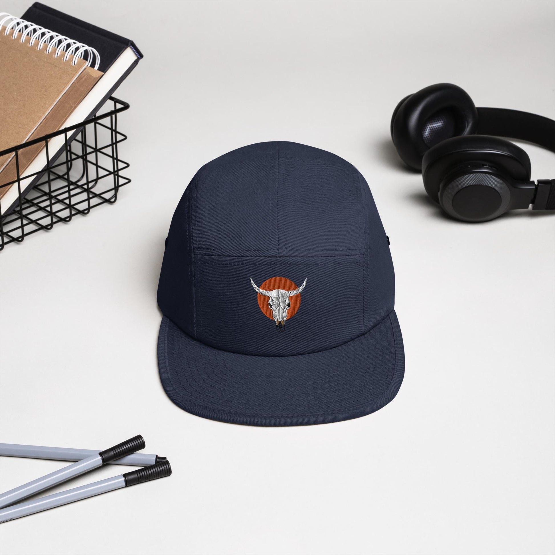 Cow Skull and Sun Five Panel Camp Hat | Embroidered Western Inspired Cap | Cow Skull Design Cap