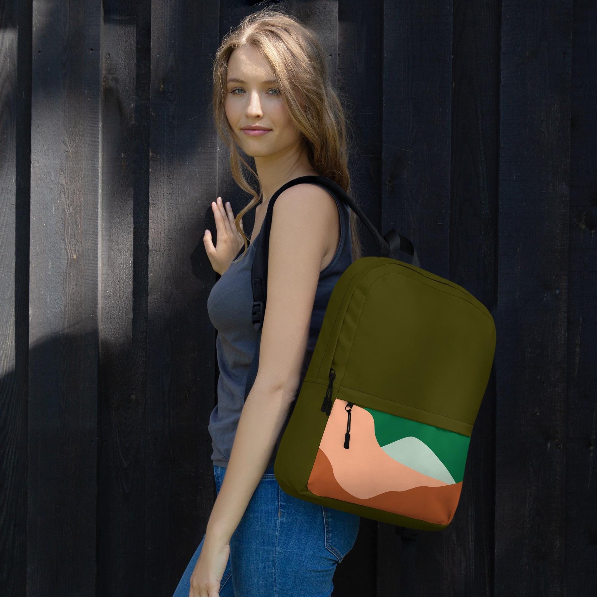 Backpack | Abstract Mountains Pattern in Dark Olive | Stylish Travel Bag for Hiking & Daily Use