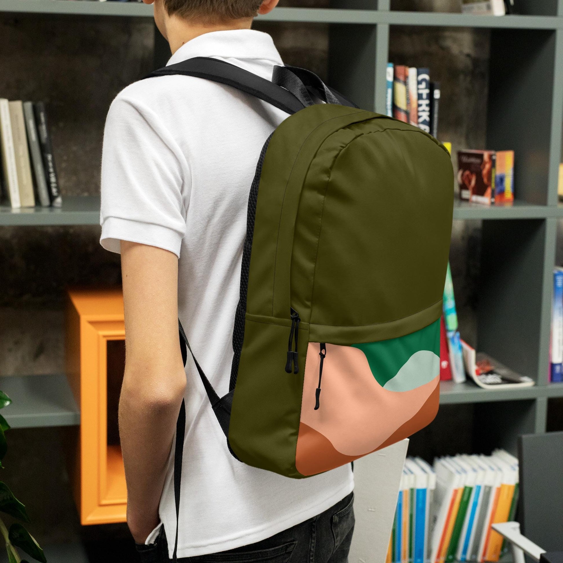 Backpack | Abstract Mountains Pattern in Dark Olive | Stylish Travel Bag for Hiking & Daily Use