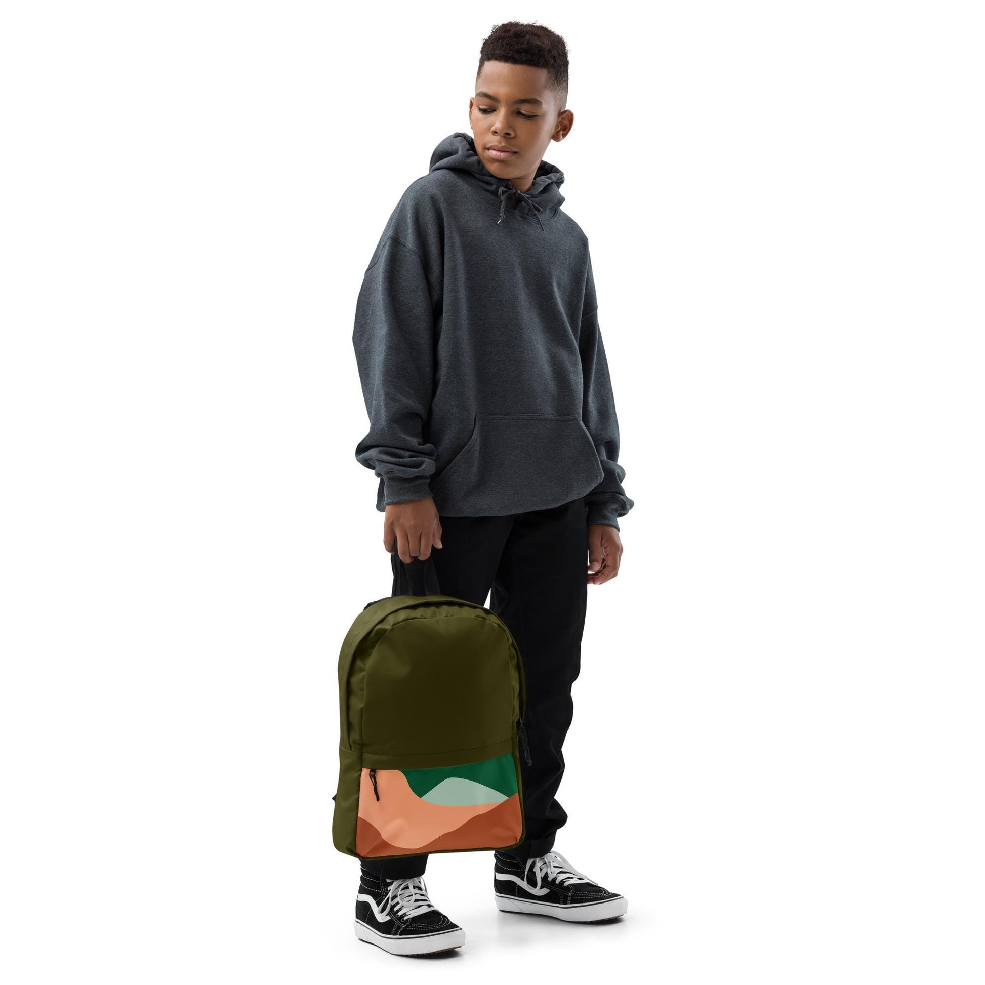 Backpack | Abstract Mountains Pattern in Dark Olive | Stylish Travel Bag for Hiking & Daily Use