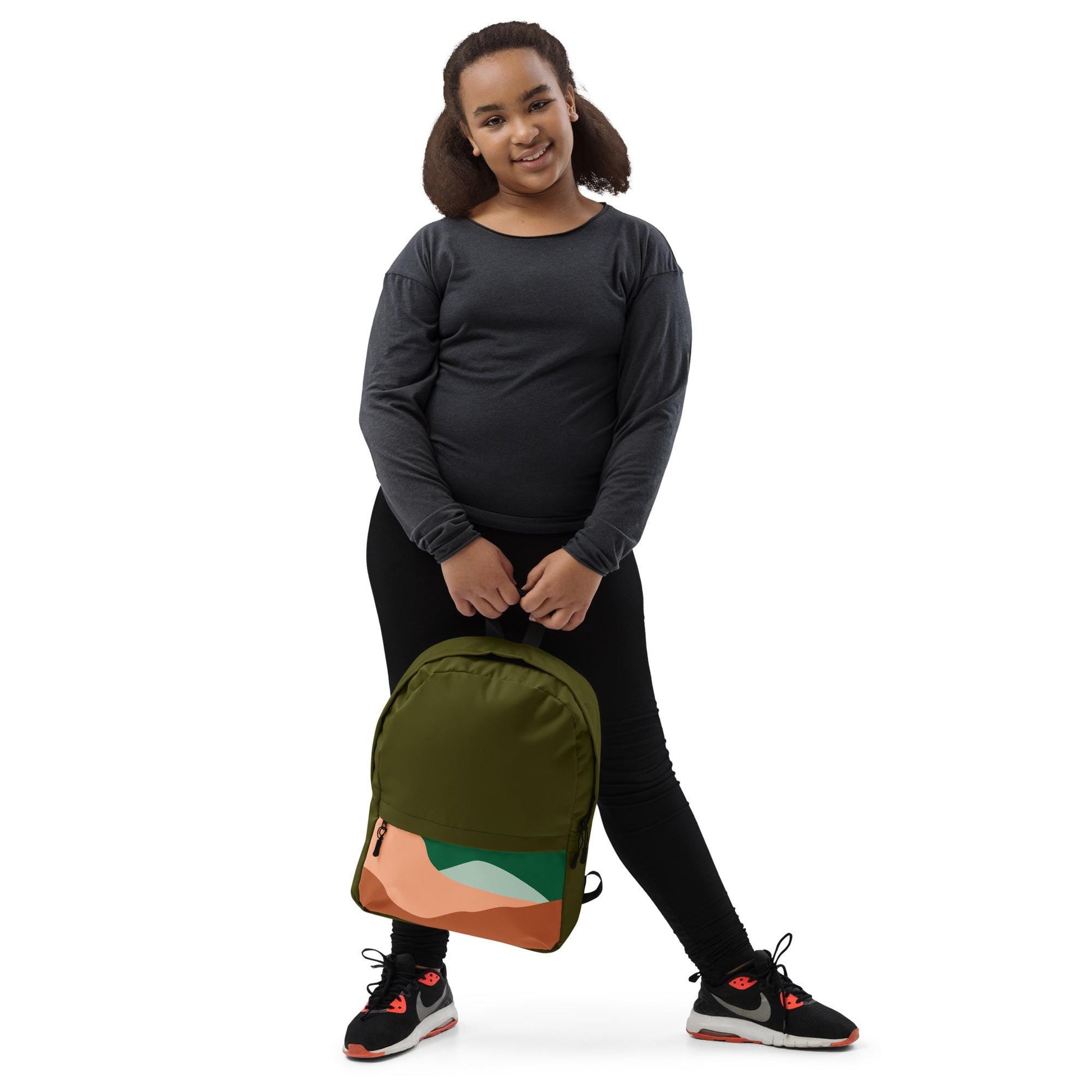 Backpack | Abstract Mountains Pattern in Dark Olive | Stylish Travel Bag for Hiking & Daily Use