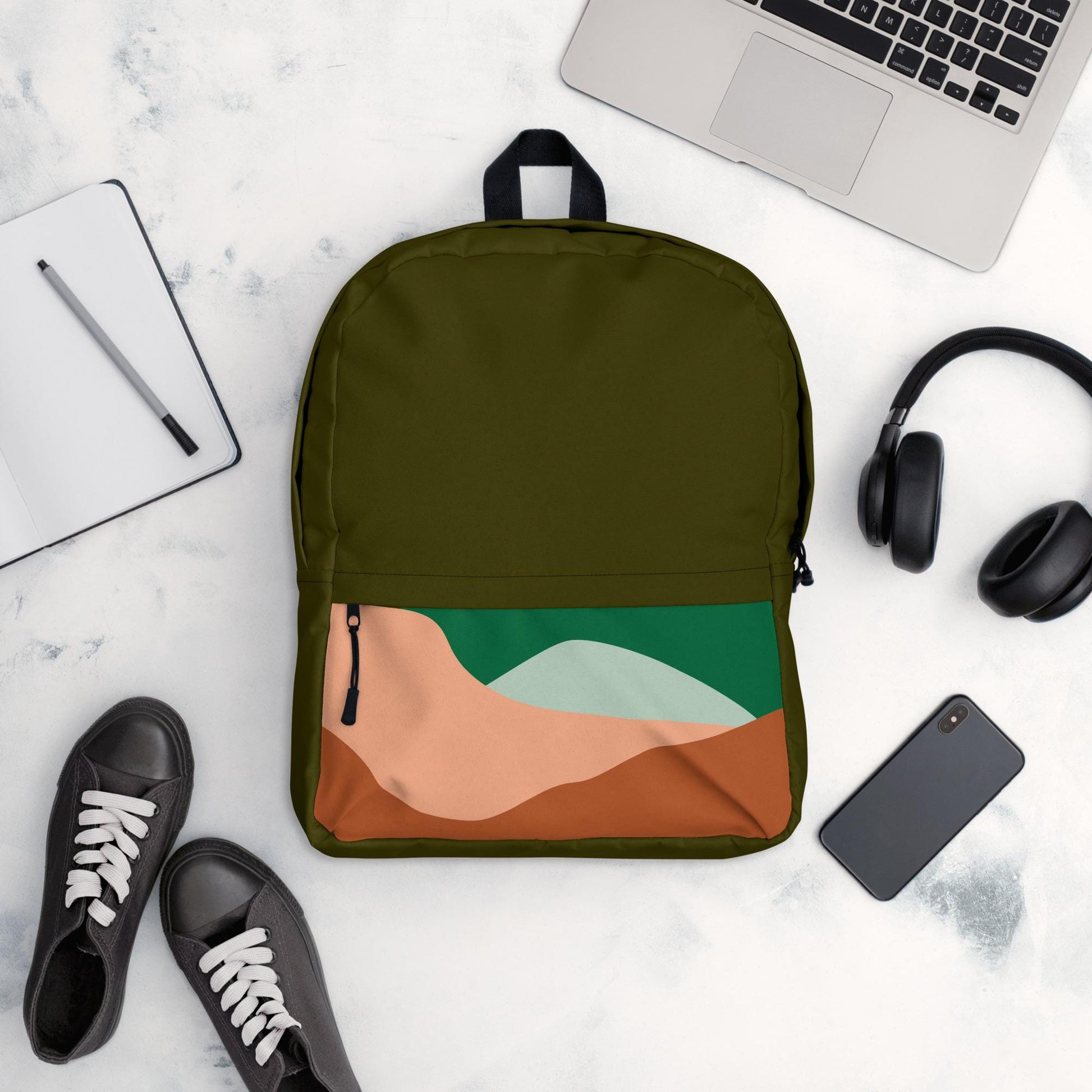 Backpack | Abstract Mountains Pattern in Dark Olive | Stylish Travel Bag for Hiking & Daily Use