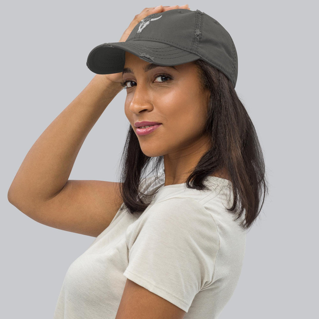 Cow Skull Hat | Embroidered Distressed Dad Hat | White Cow Skull Design, Adjustable Cap for Trendy Fashion Lovers