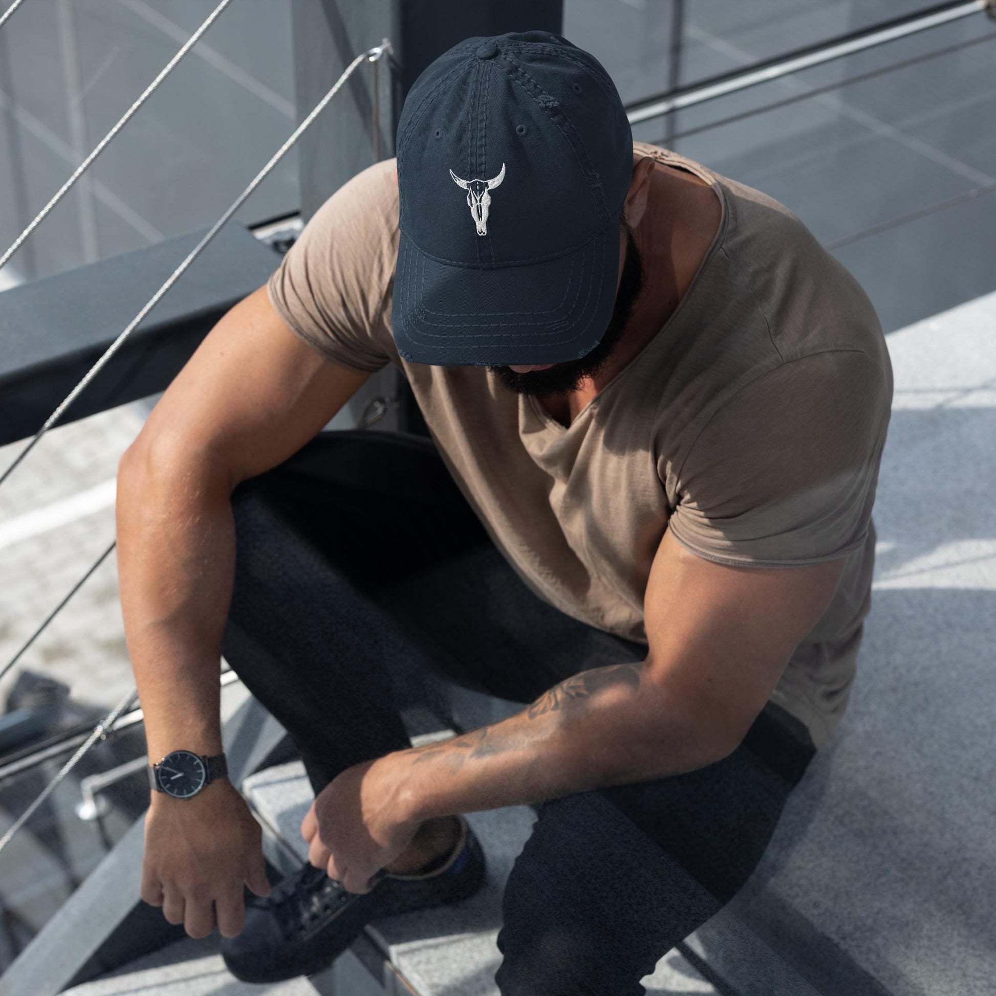 Cow Skull Hat | Embroidered Distressed Dad Hat | White Cow Skull Design, Adjustable Cap for Trendy Fashion Lovers