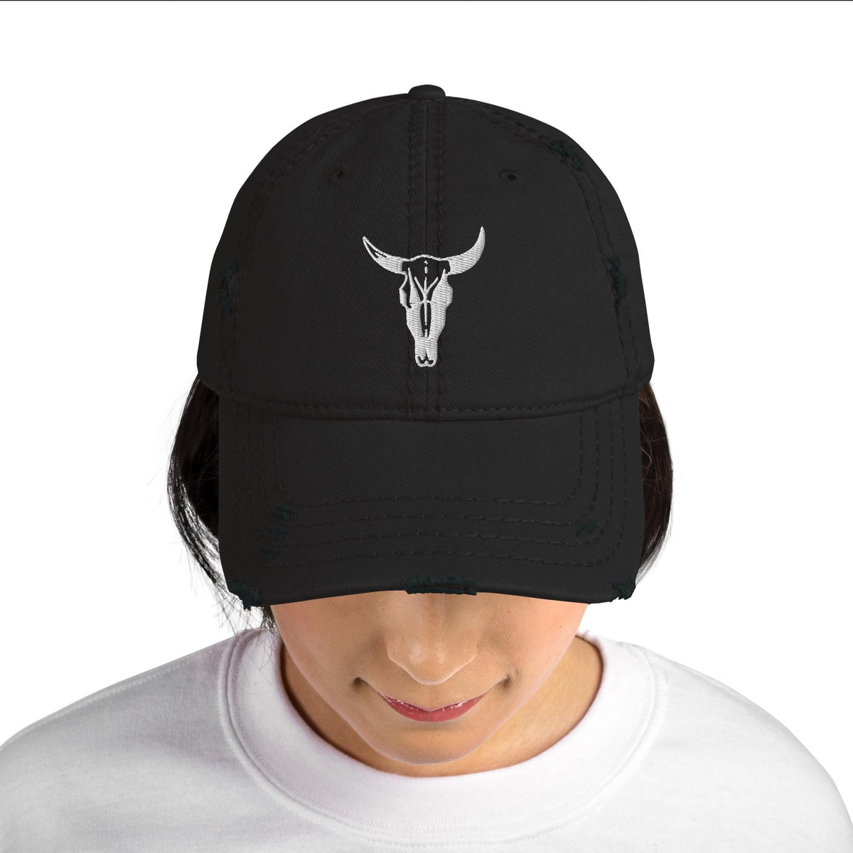 Cow Skull Hat | Embroidered Distressed Dad Hat | White Cow Skull Design, Adjustable Cap for Trendy Fashion Lovers
