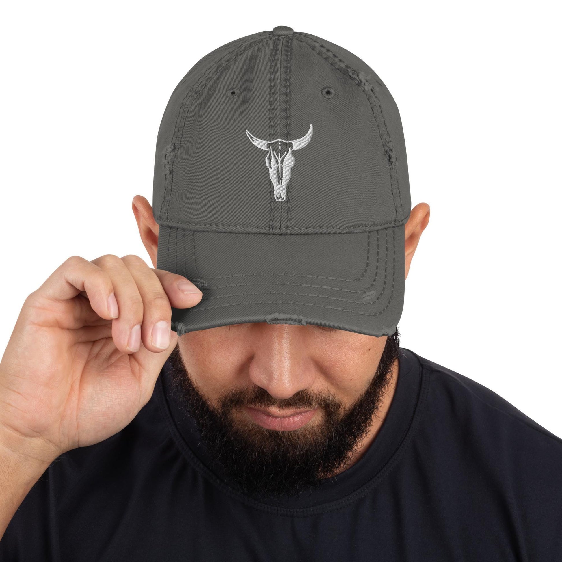 Cow Skull Hat | Embroidered Distressed Dad Hat | White Cow Skull Design, Adjustable Cap for Trendy Fashion Lovers