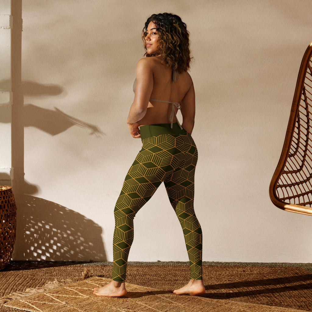 Yoga Leggings | Dark Olive Cubes Design | High-Performance Workout Pants for Comfort & Flexibility