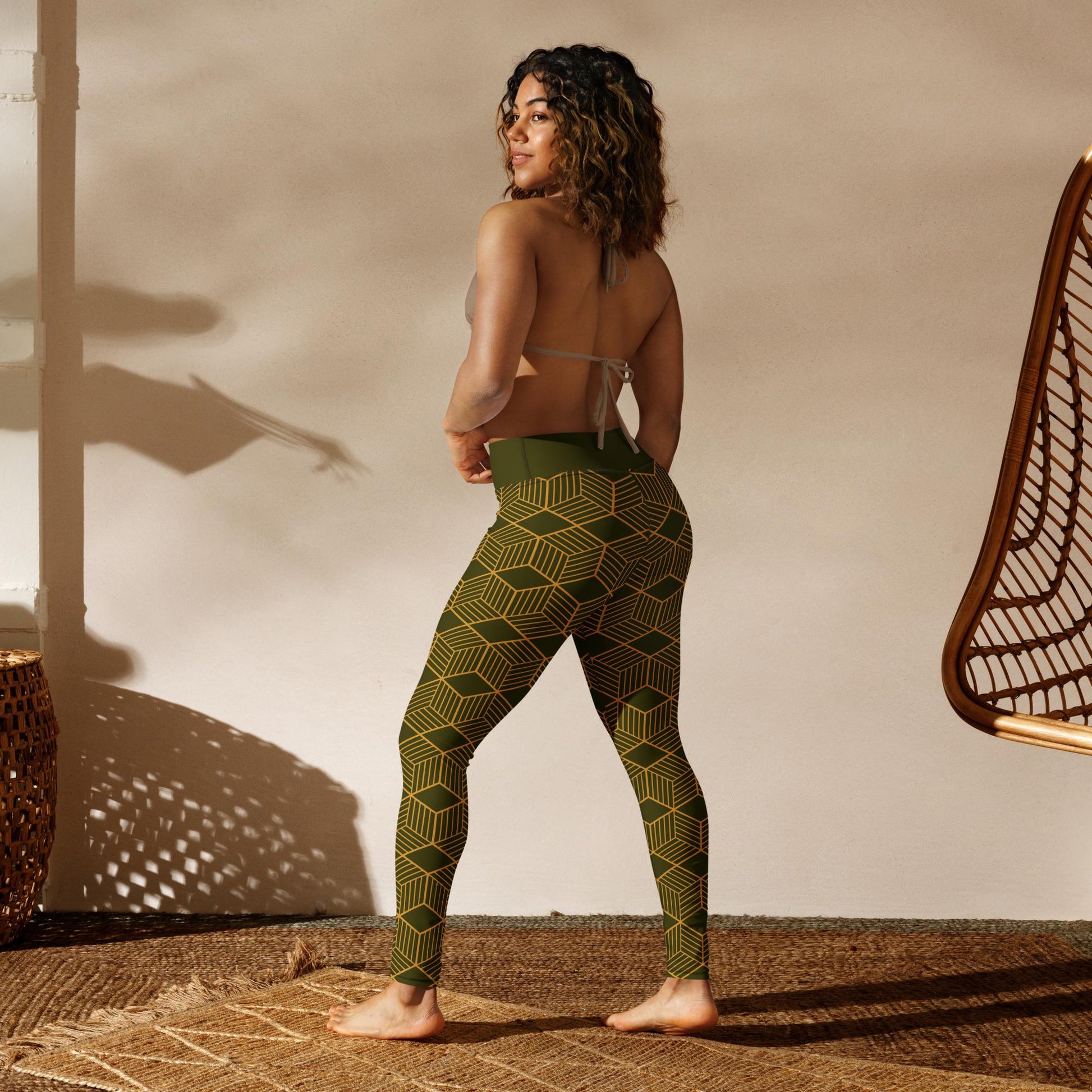 Yoga Leggings | Dark Olive Cubes Design | High-Performance Workout Pants for Comfort & Flexibility