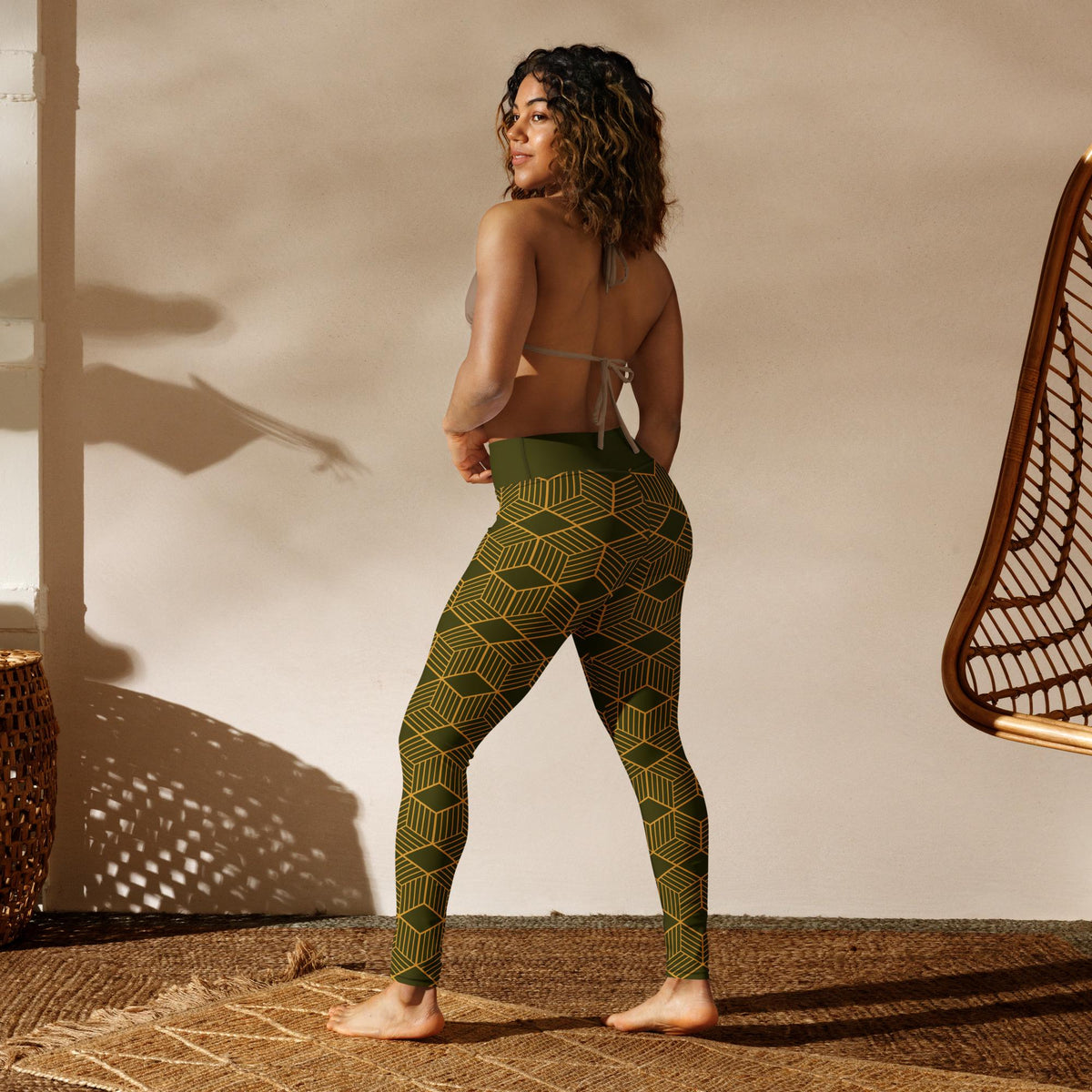 Yoga Leggings | Dark Olive Cubes Design | High-Performance Workout Pants for Comfort & Flexibility