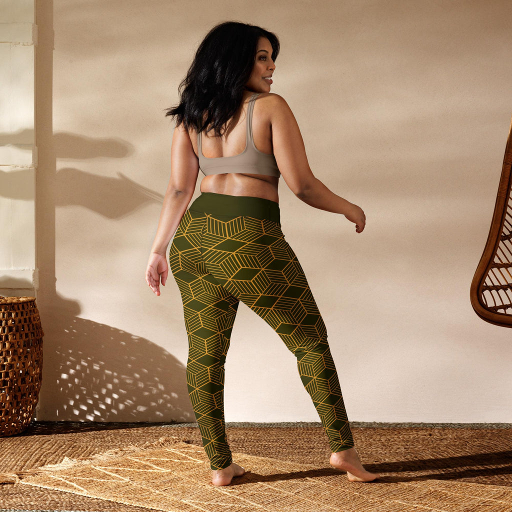 Yoga Leggings | Dark Olive Cubes Design | High-Performance Workout Pants for Comfort & Flexibility