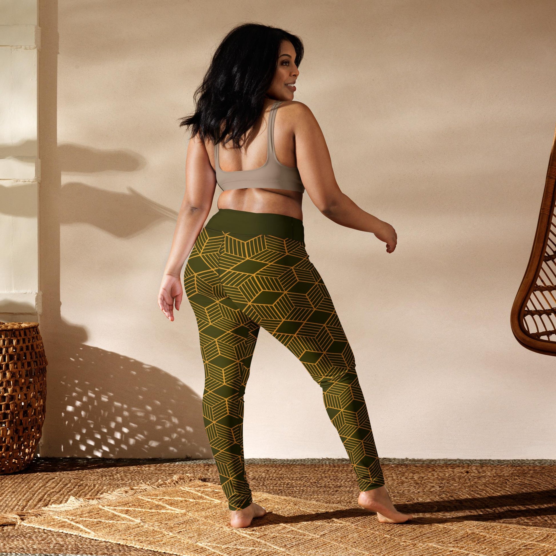 Yoga Leggings | Dark Olive Cubes Design | High-Performance Workout Pants for Comfort & Flexibility