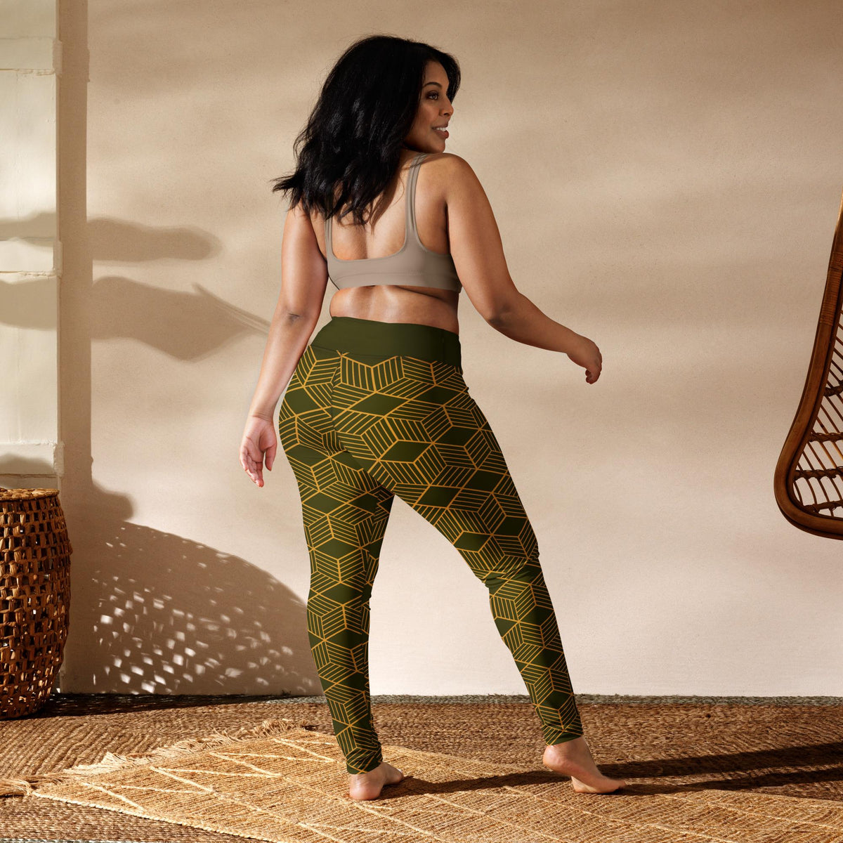 Yoga Leggings | Dark Olive Cubes Design | High-Performance Workout Pants for Comfort & Flexibility