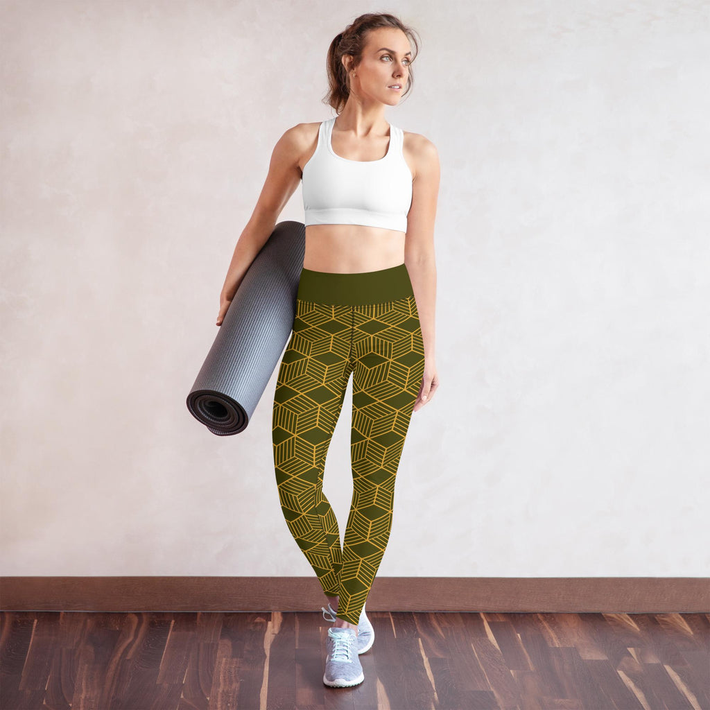Yoga Leggings | Dark Olive Cubes Design | High-Performance Workout Pants for Comfort & Flexibility