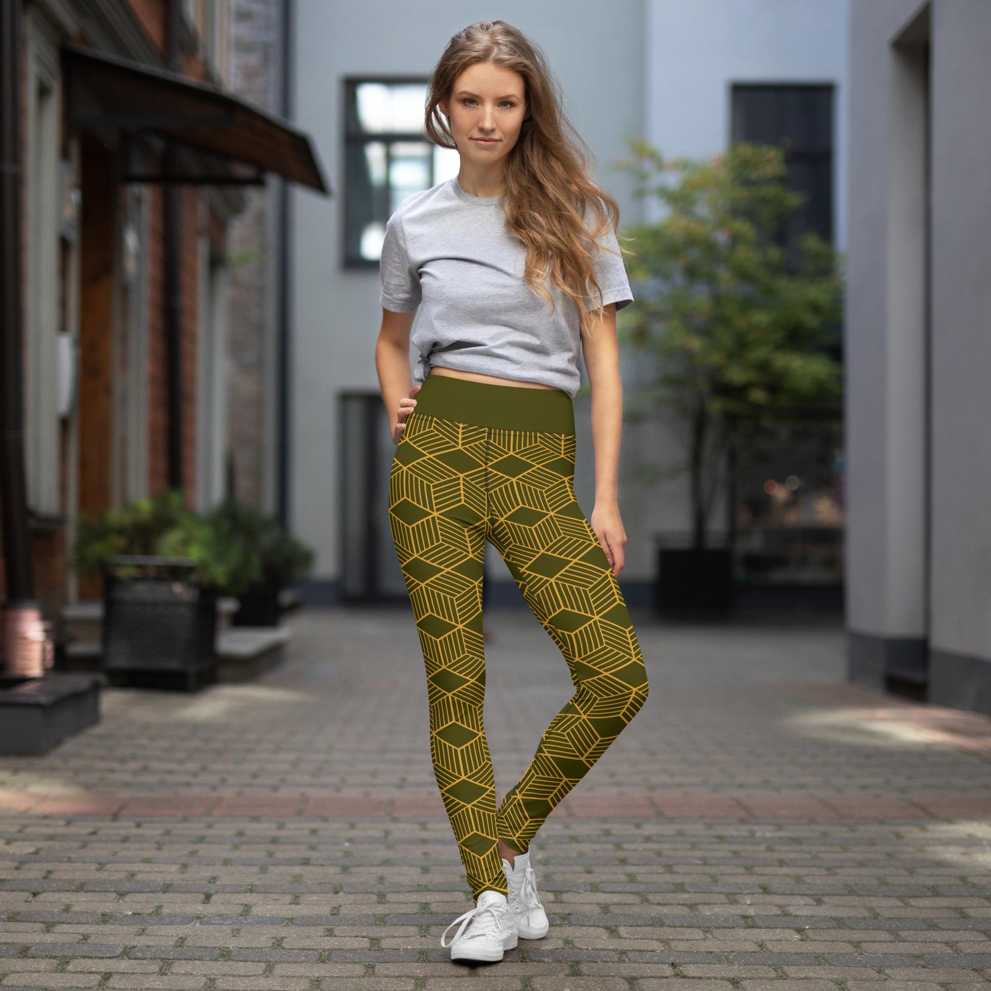 Yoga Leggings | Dark Olive Cubes Design | High-Performance Workout Pants for Comfort & Flexibility