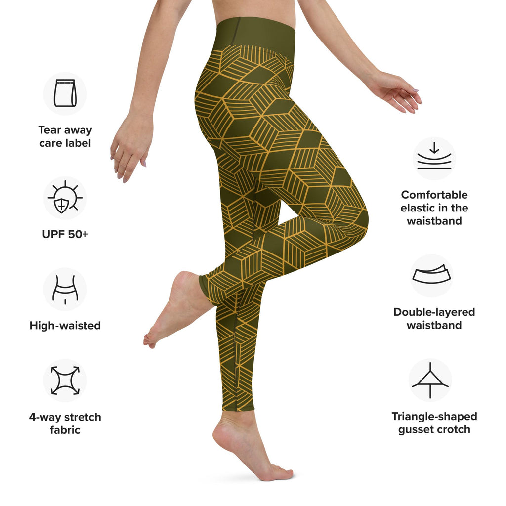 Yoga Leggings | Dark Olive Cubes Design | High-Performance Workout Pants for Comfort & Flexibility
