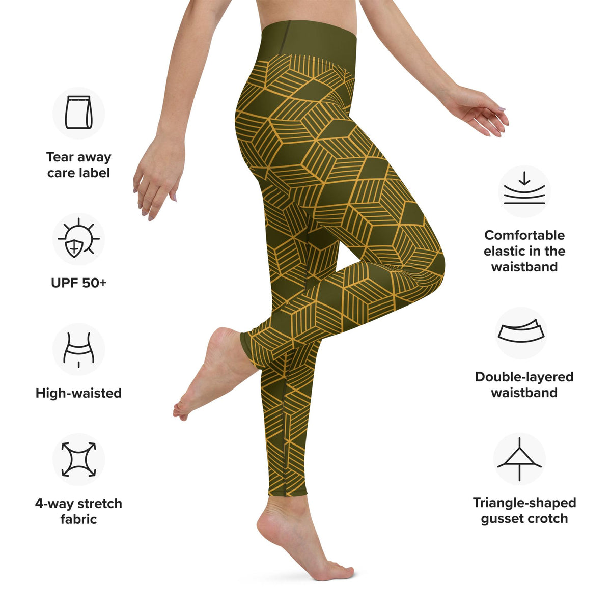 Yoga Leggings | Dark Olive Cubes Design | High-Performance Workout Pants for Comfort & Flexibility