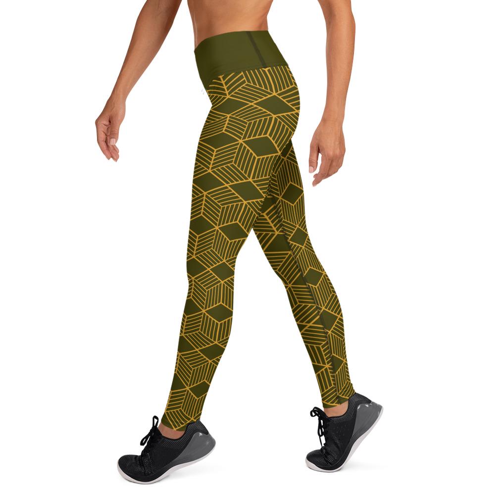 Yoga Leggings | Dark Olive Cubes Design | High-Performance Workout Pants for Comfort & Flexibility