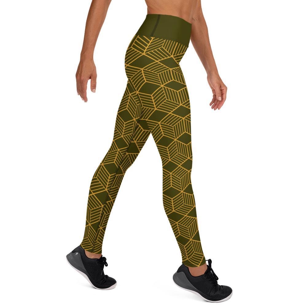 Yoga Leggings | Dark Olive Cubes Design | High-Performance Workout Pants for Comfort & Flexibility