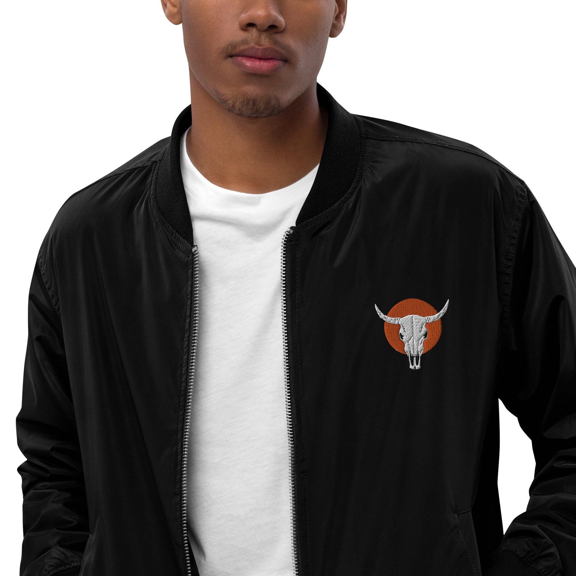 Bomber Jacket | Cow Skull Embroidered Premium Recycled Jacket | Unique Vintage Fashion Outerwear for Eco-Friendly Style