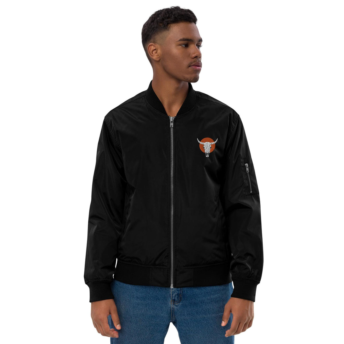 Bomber Jacket | Cow Skull Embroidered Premium Recycled Jacket | Unique Vintage Fashion Outerwear for Eco-Friendly Style
