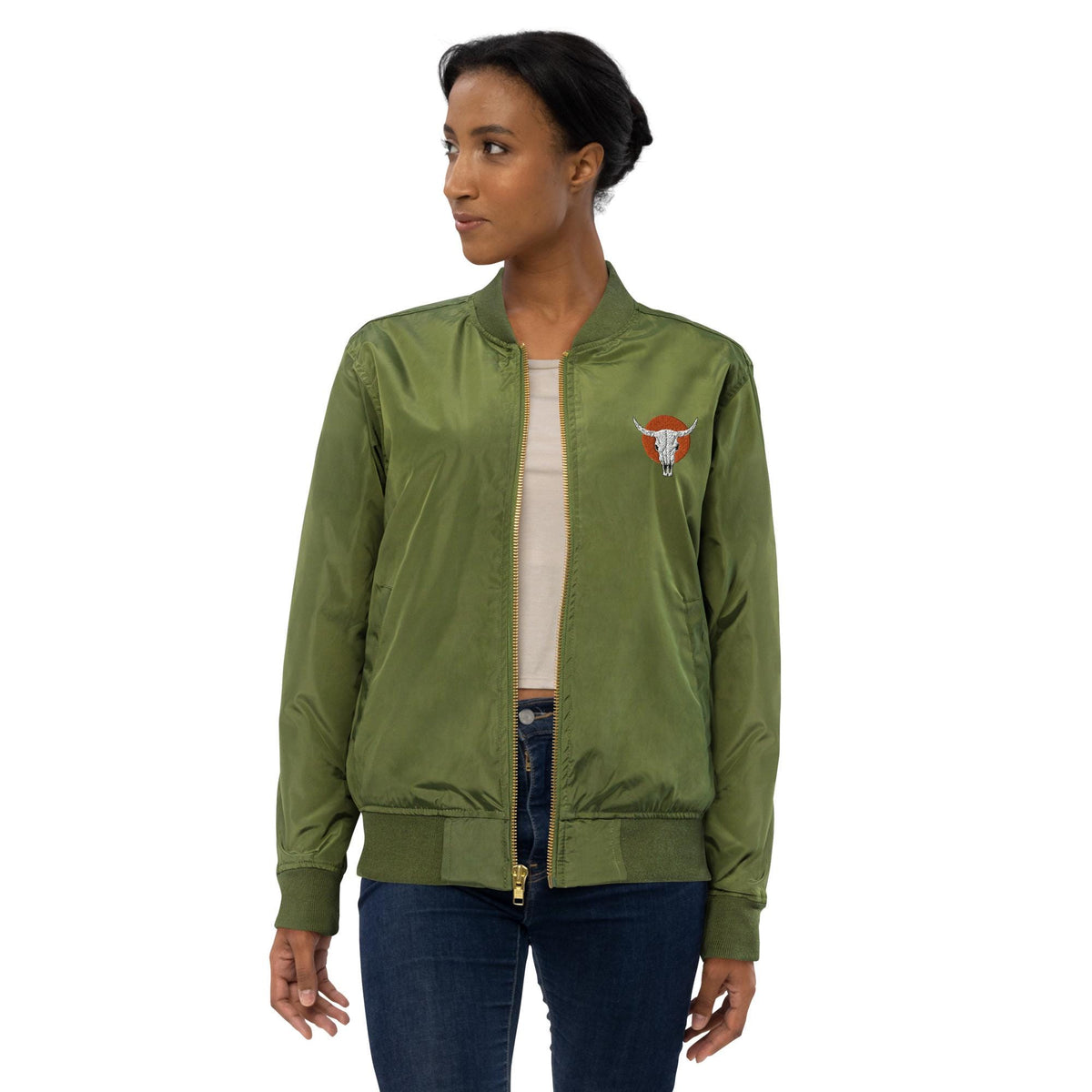 Bomber Jacket | Cow Skull Embroidered Premium Recycled Jacket | Unique Vintage Fashion Outerwear for Eco-Friendly Style