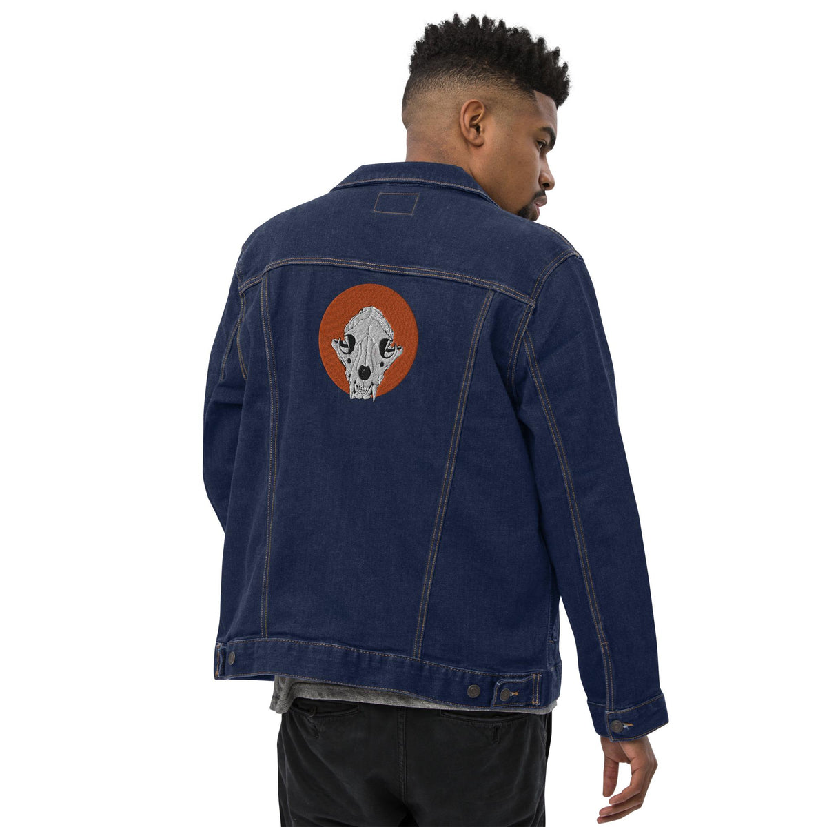 Embroidered Denim Mountain Lion Skull Jacket | Unisex Trucker Jean Jacket | Unique Skull Embroidery Design
