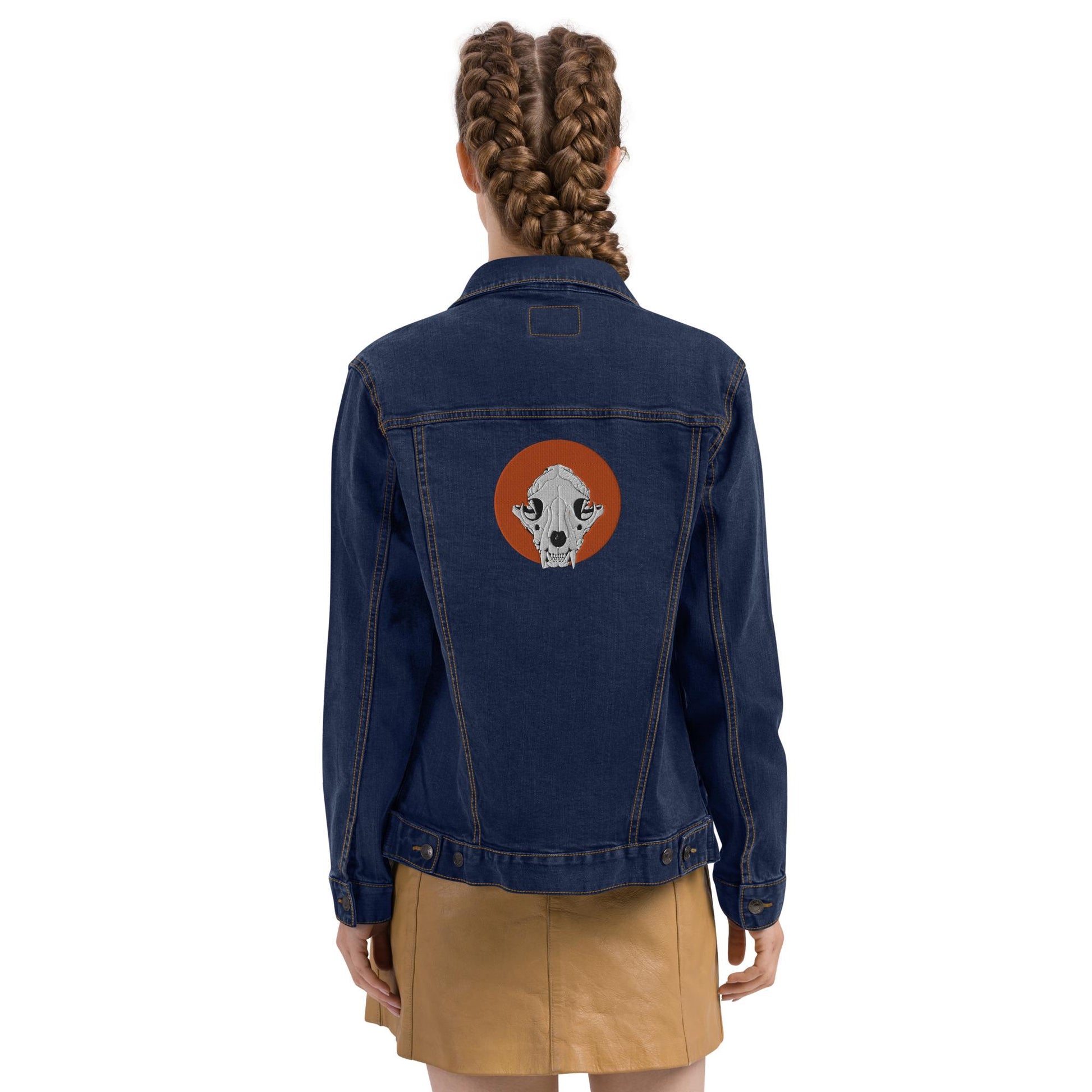 Embroidered Denim Mountain Lion Skull Jacket | Unisex Trucker Jean Jacket | Unique Skull Embroidery Design