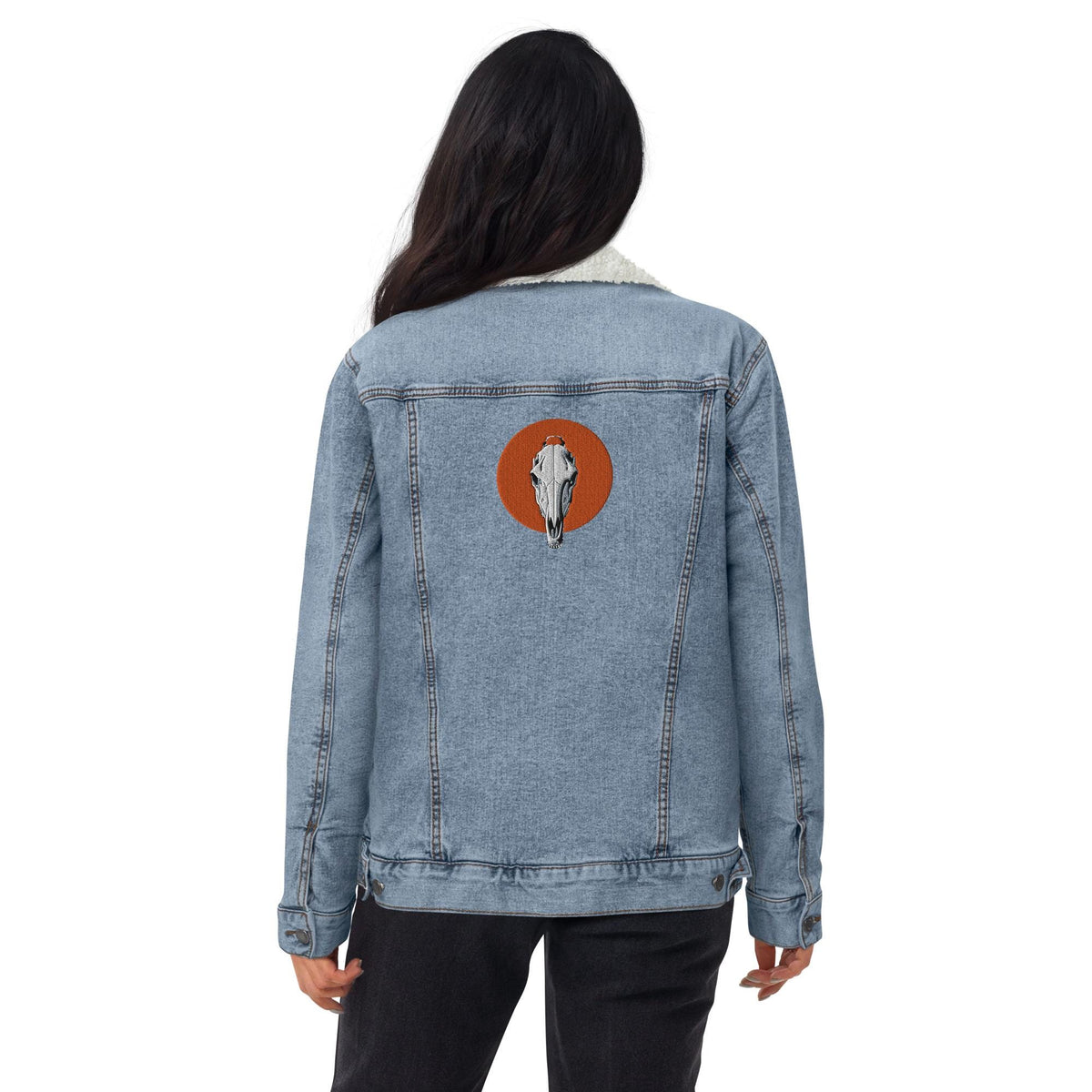 Embroidered Horse Skull Sherpa Denim Jacket | Unique Sherpa Trucker Jacket | Stylish Unisex Outerwear