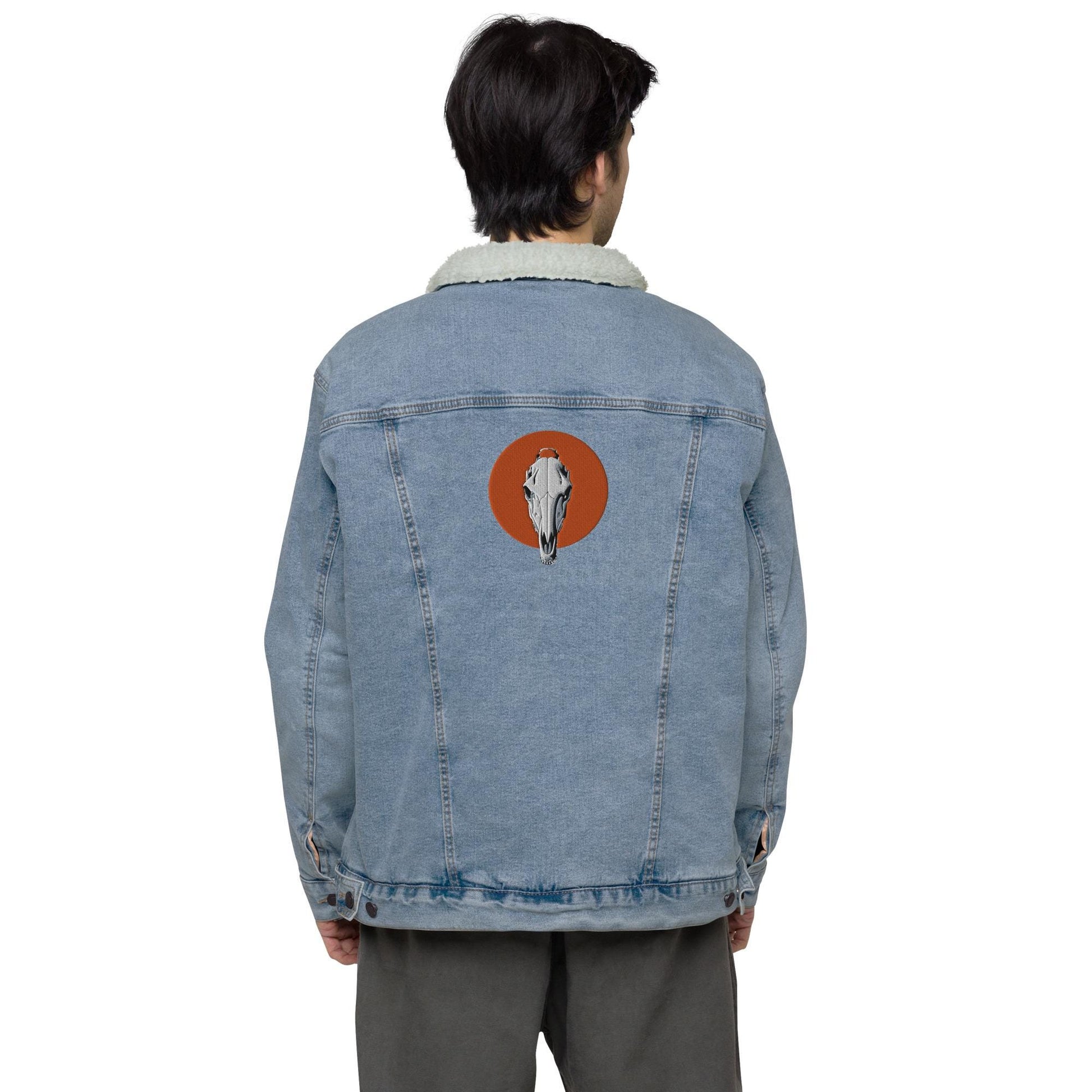 Embroidered Horse Skull Sherpa Denim Jacket | Unique Sherpa Trucker Jacket | Stylish Unisex Outerwear