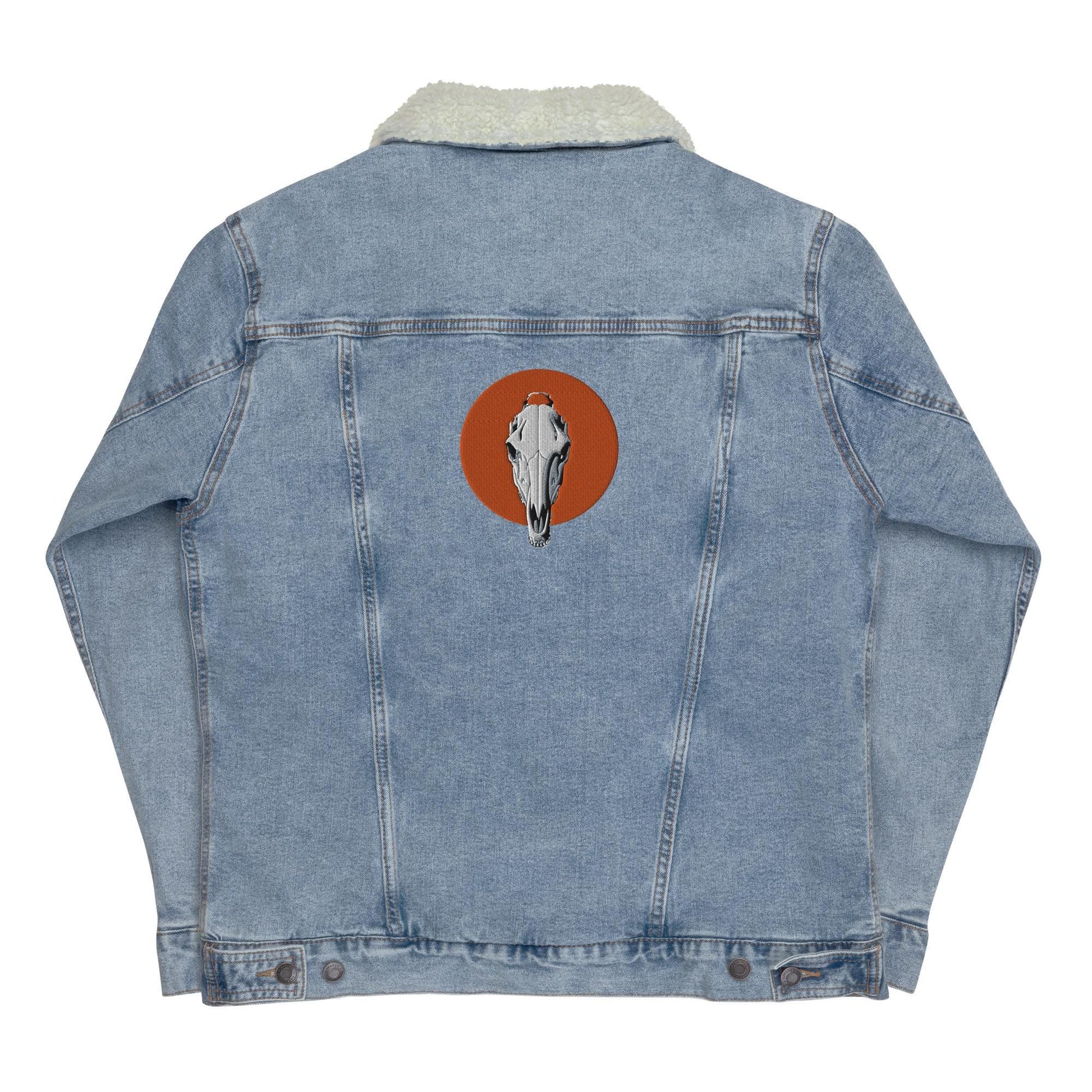 Embroidered Horse Skull Sherpa Denim Jacket | Unique Sherpa Trucker Jacket | Stylish Unisex Outerwear