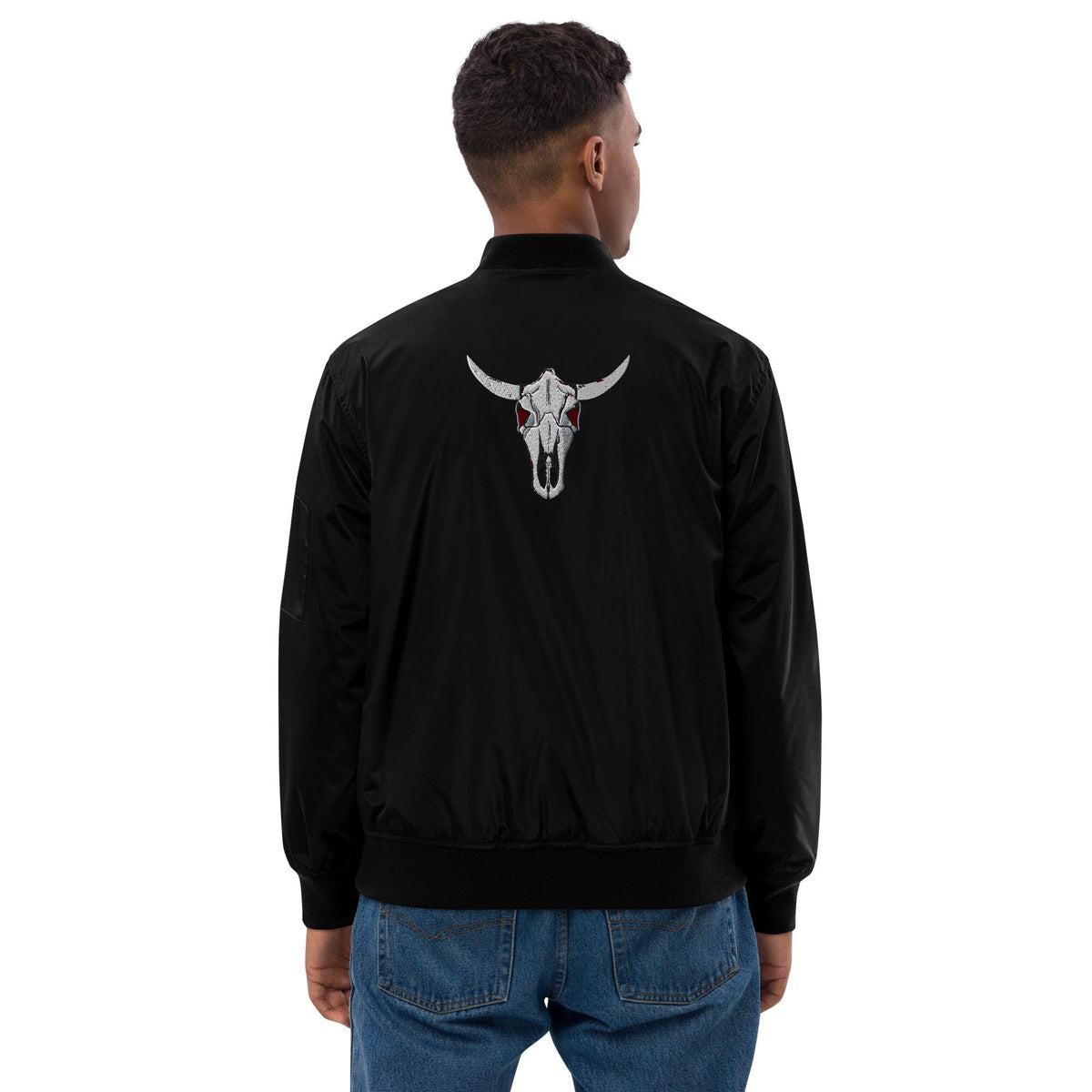 Embroidered Cow Skull Bomber Jacket | Premium Recycled Jacket | Unique Embroidery, Fashion-Forward Outerwear, Gift for Her