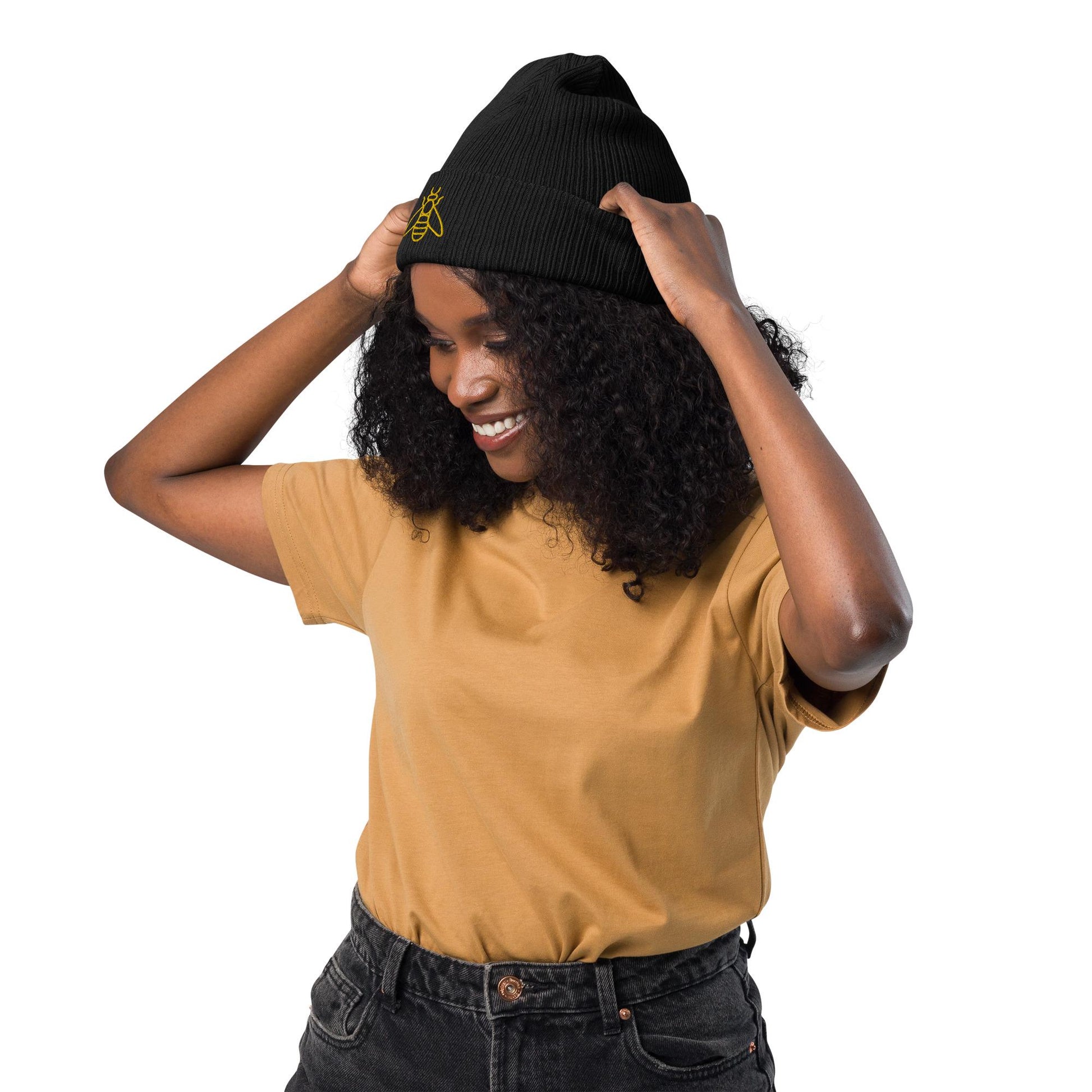 Honeybee Beanie | Organic Ribbed Winter Hat | Embroidered Honeybee Design | Save the Bees Accessories
