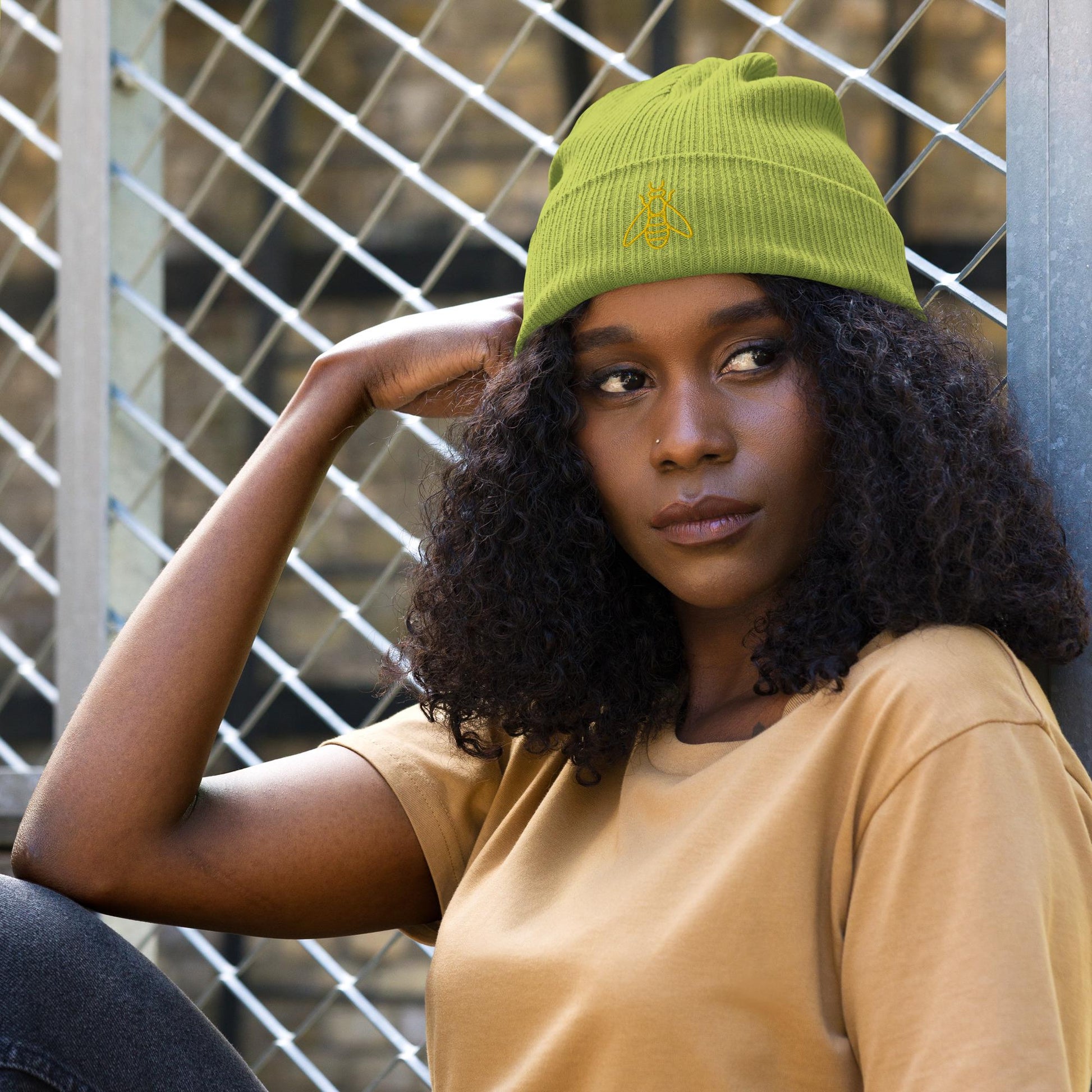 Honeybee Beanie | Organic Ribbed Winter Hat | Embroidered Honeybee Design | Save the Bees Accessories