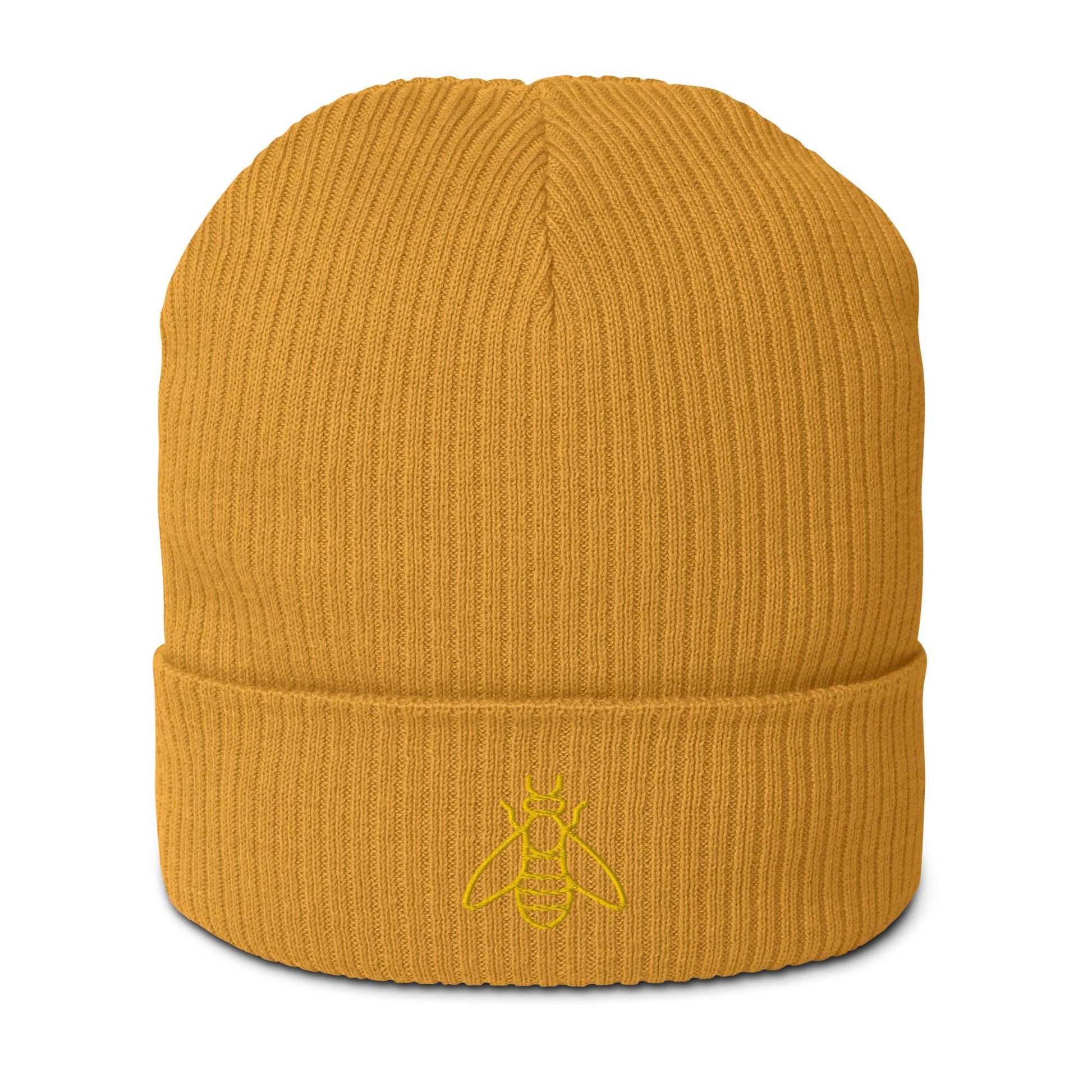 Honeybee Beanie | Organic Ribbed Winter Hat | Embroidered Honeybee Design | Save the Bees Accessories