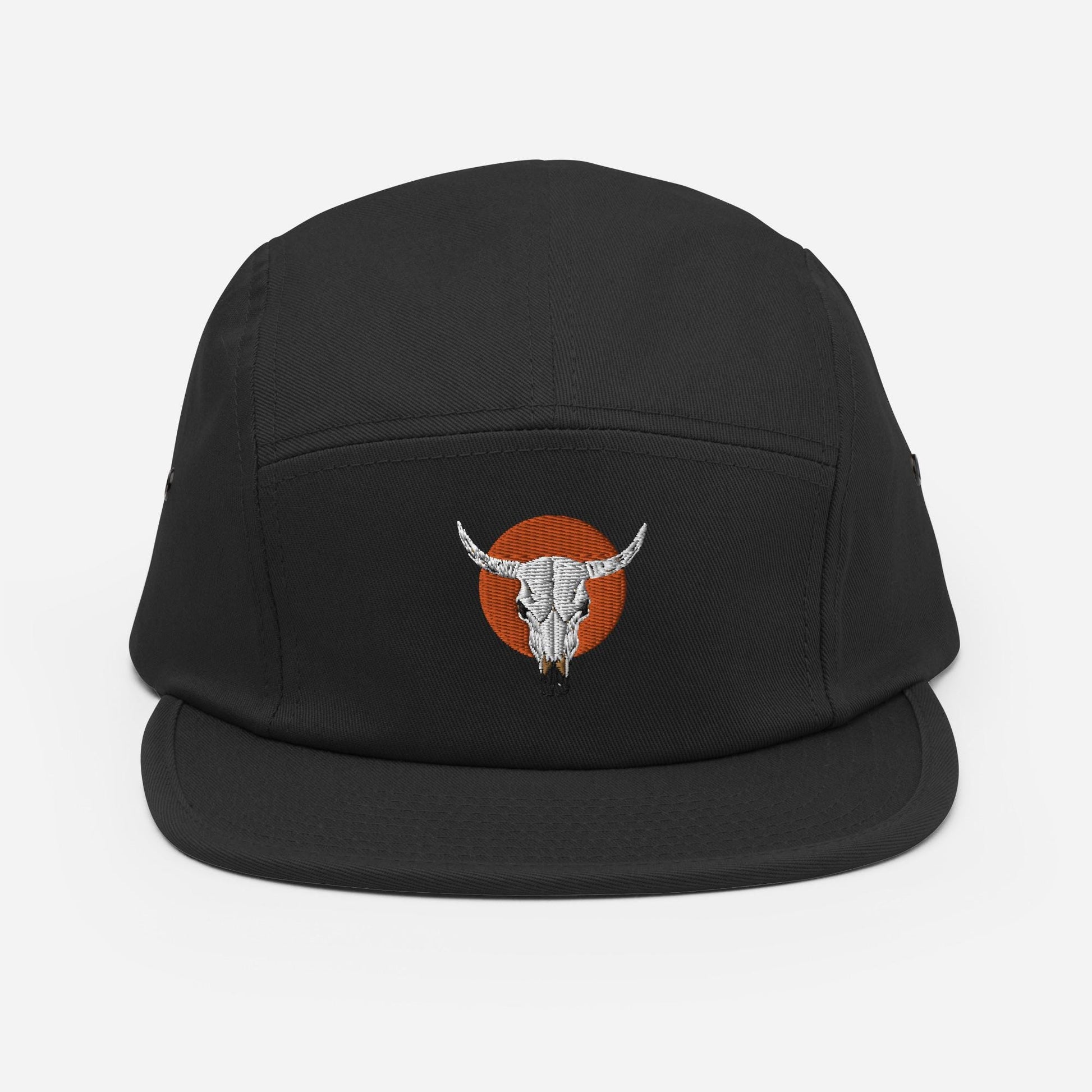 Cow Skull and Sun Five Panel Camp Hat | Embroidered Western Inspired Cap | Cow Skull Design Cap