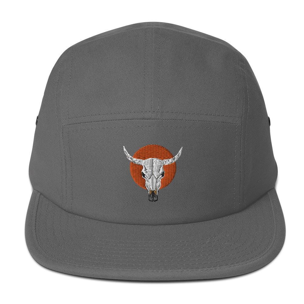 Cow Skull and Sun Five Panel Camp Hat | Embroidered Western Inspired Cap | Cow Skull Design Cap