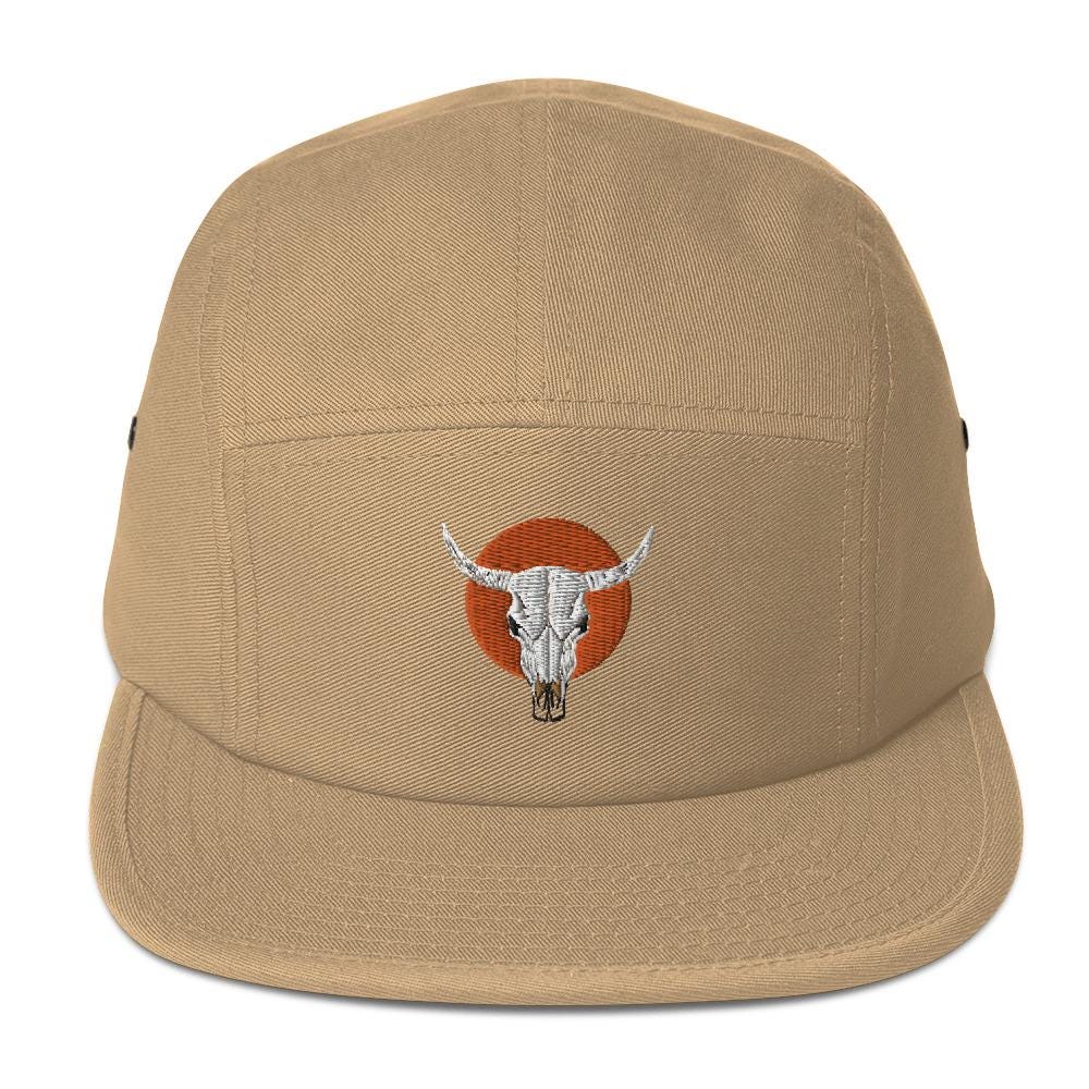 Cow Skull and Sun Five Panel Camp Hat | Embroidered Western Inspired Cap | Cow Skull Design Cap
