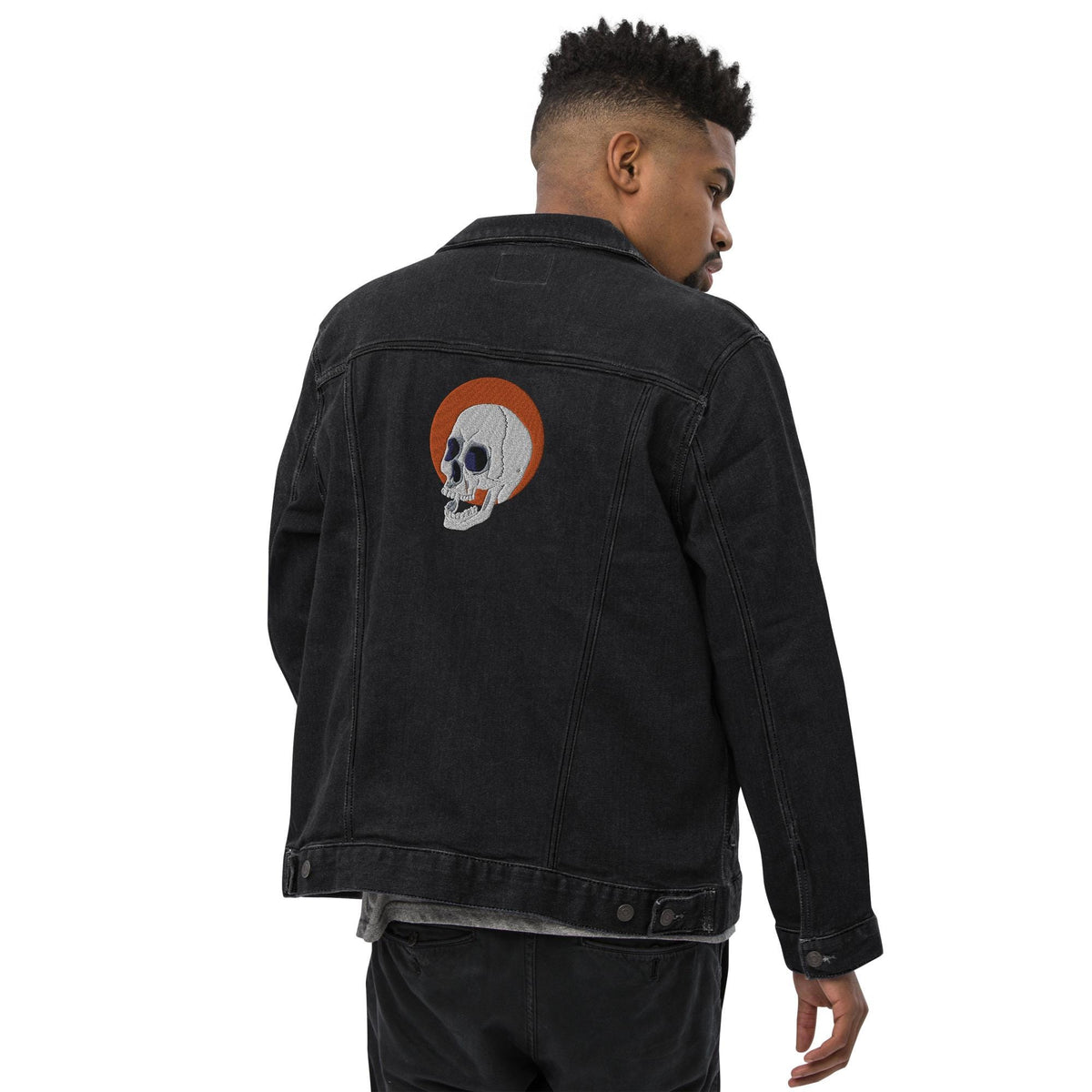 Embroidered Skull and Sun Denim Jacket | Unisex Trendy Outerwear, Unique Fashion Statement for All