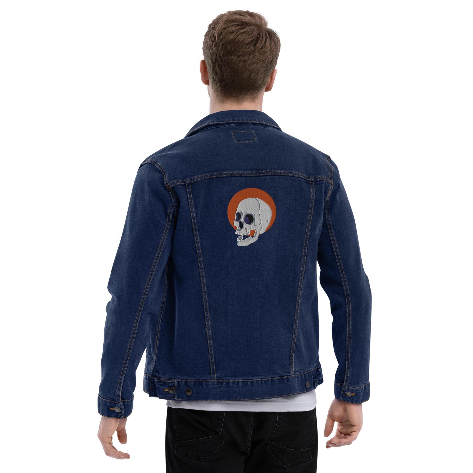 Embroidered Skull and Sun Denim Jacket | Unisex Trendy Outerwear, Unique Fashion Statement for All