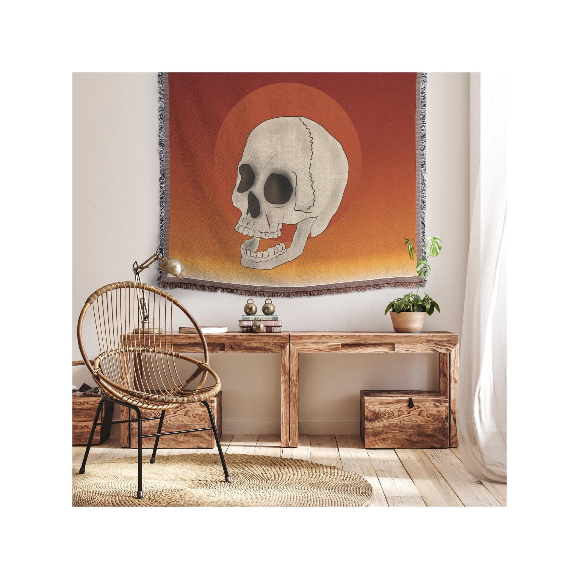 Skull and Sun Woven Blanket | Dark Decor Halloween Throw | Cozy Spooky Home Accents for Halloween Vibes