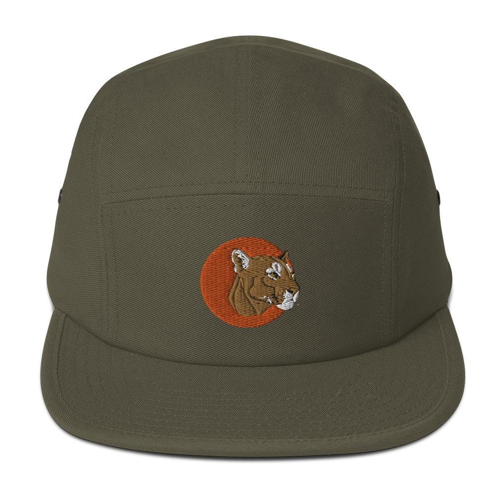 Five Panel Camp Hat | Embroidered Mountain Lion Design | Animal Print Cap for Adventure Lovers & Outdoor Enthusiasts