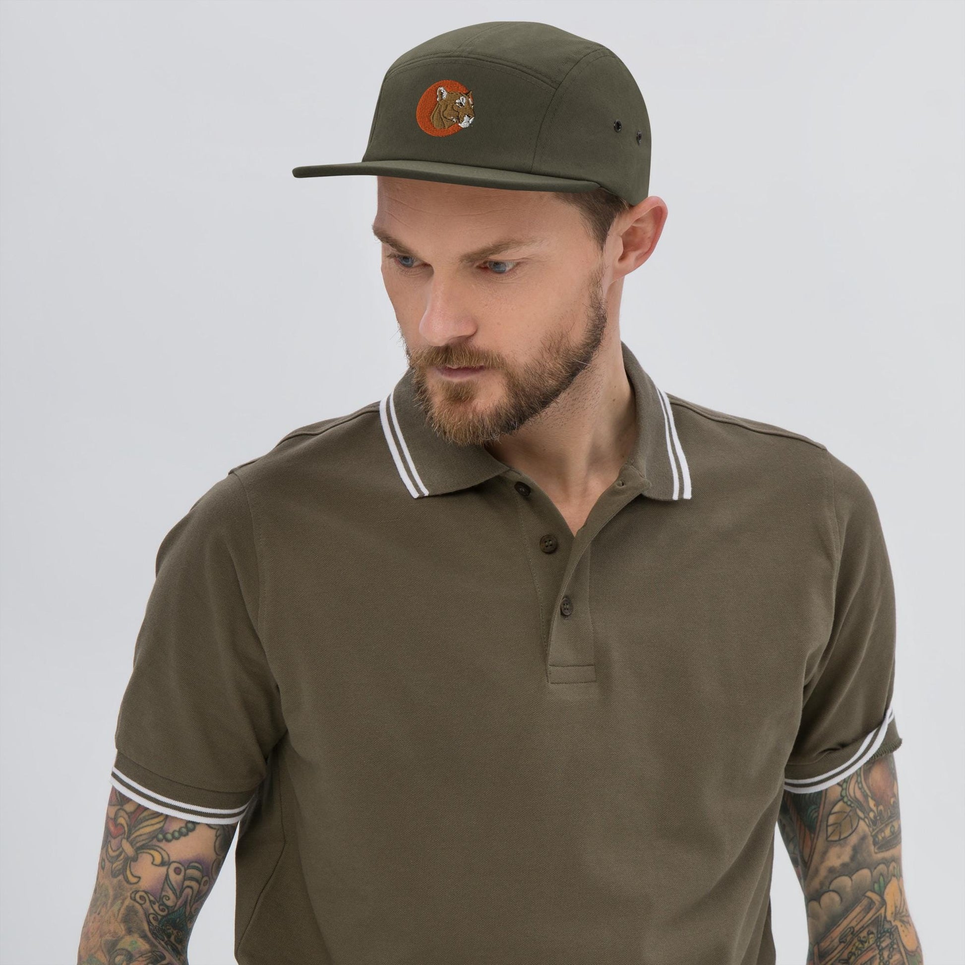 Five Panel Camp Hat | Embroidered Mountain Lion Design | Animal Print Cap for Adventure Lovers & Outdoor Enthusiasts