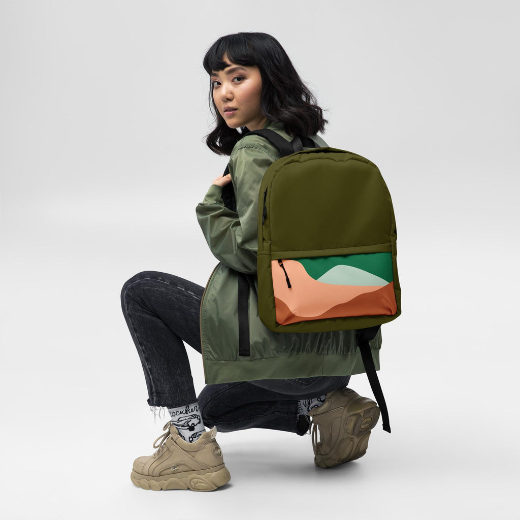Backpack | Abstract Mountains Pattern in Dark Olive | Stylish Travel Bag for Hiking & Daily Use
