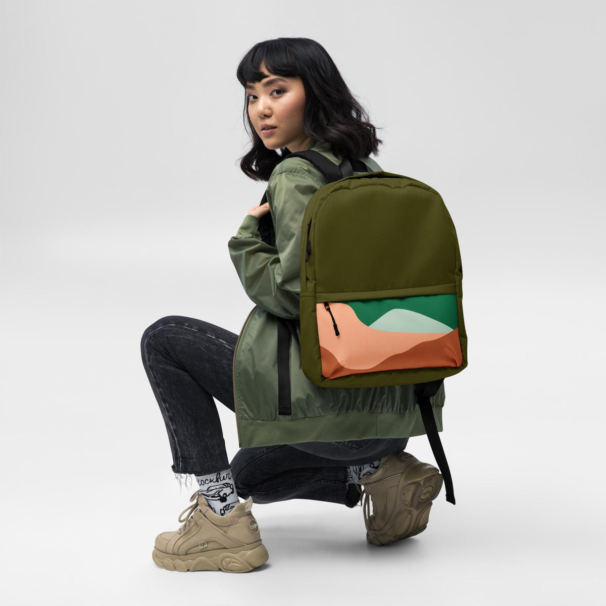 Backpack | Abstract Mountains Pattern in Dark Olive | Stylish Travel Bag for Hiking & Daily Use