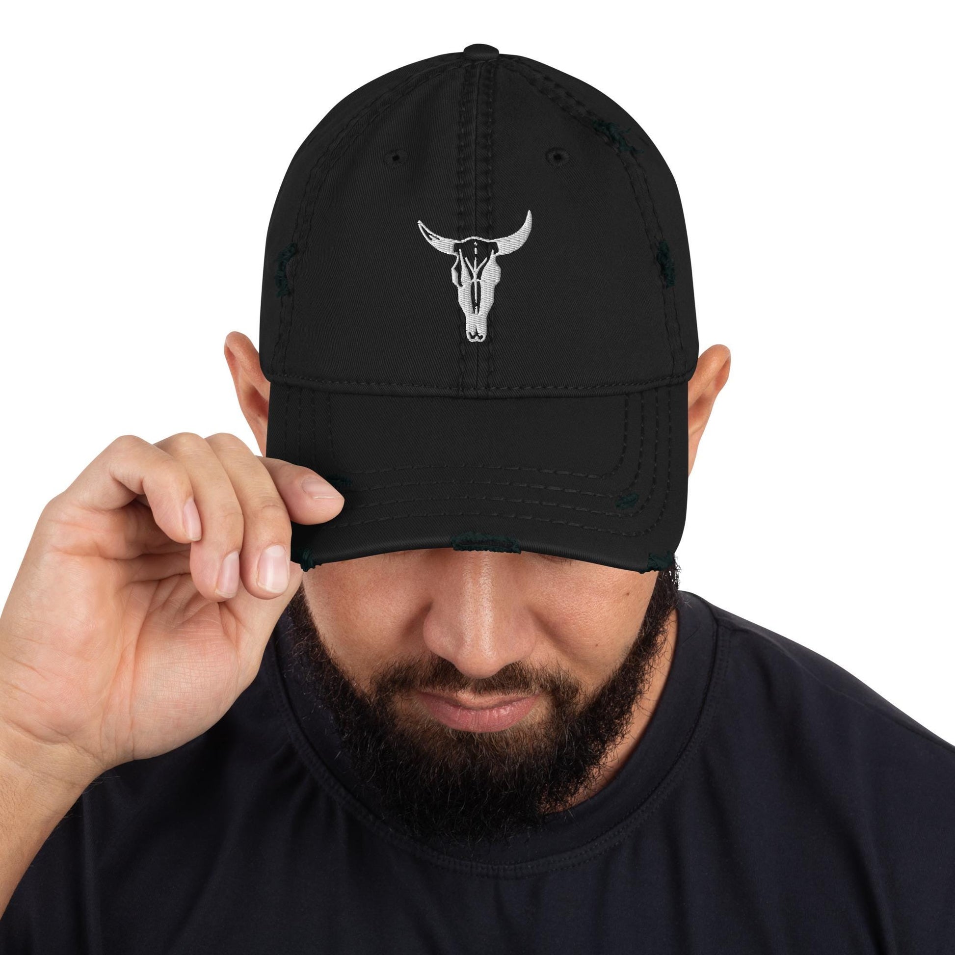 Cow Skull Hat | Embroidered Distressed Dad Hat | White Cow Skull Design, Adjustable Cap for Trendy Fashion Lovers