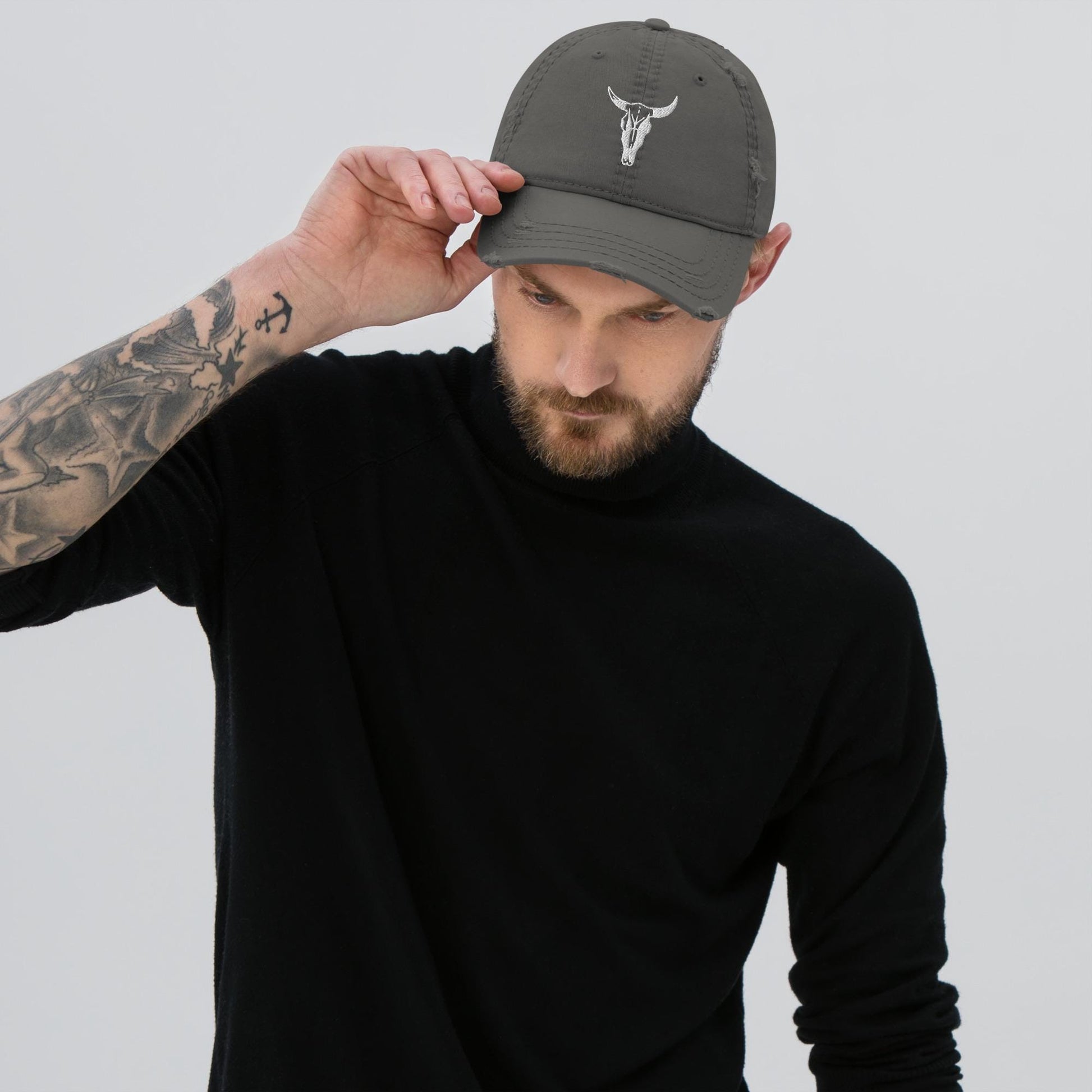 Cow Skull Hat | Embroidered Distressed Dad Hat | White Cow Skull Design, Adjustable Cap for Trendy Fashion Lovers
